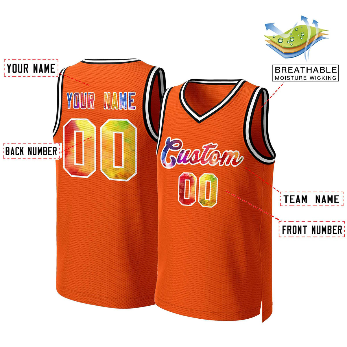 Benutzerdefinierte Orange Graffiti-Weiß Graffiti Muster Tops Mesh Basketball Jersey