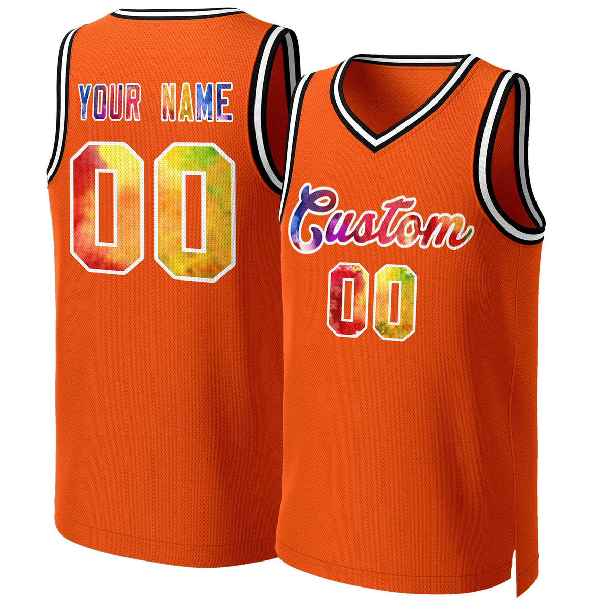 Benutzerdefinierte Orange Graffiti-Weiß Graffiti Muster Tops Mesh Basketball Jersey