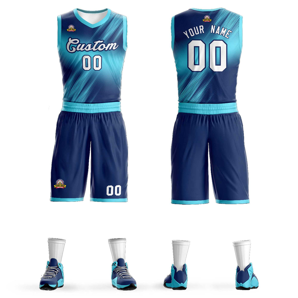 Maillot de basket-ball personnalisé dégradé bleu marine blanc-bleu marine