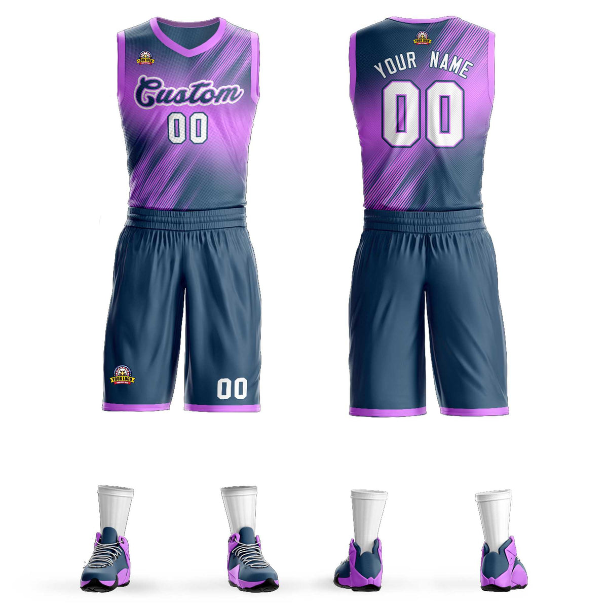 Custom Pink Navy-White Gradient Fashion Kits Slash Basketball Jersey