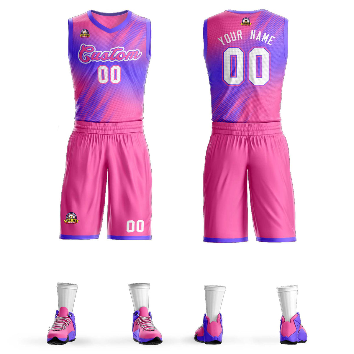 Custom Pink Pink-Purple Gradient Fashion Kits Slash Basketball Jersey