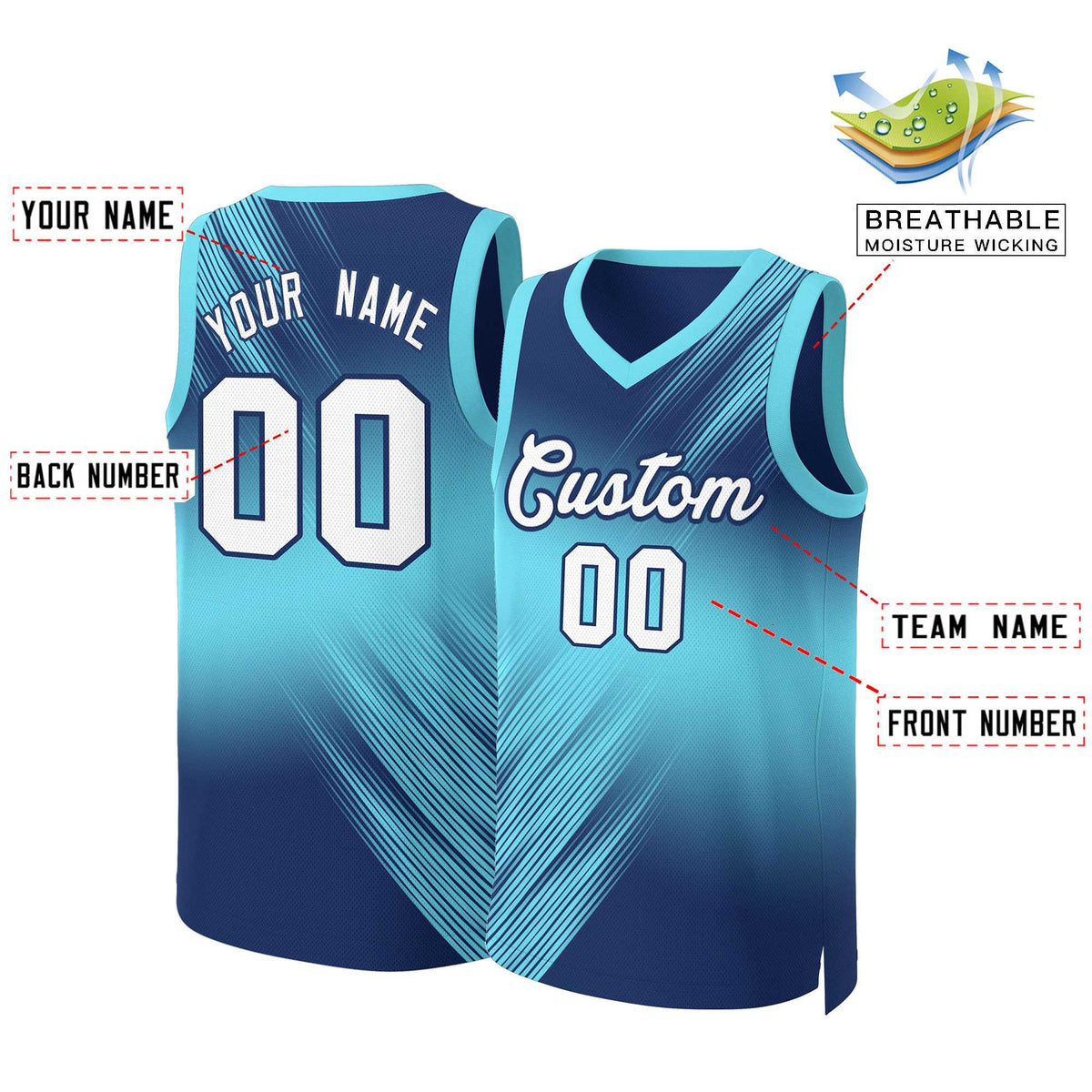 Maillot de basket-ball personnalisé bleu marine, blanc et bleu marine dégradé