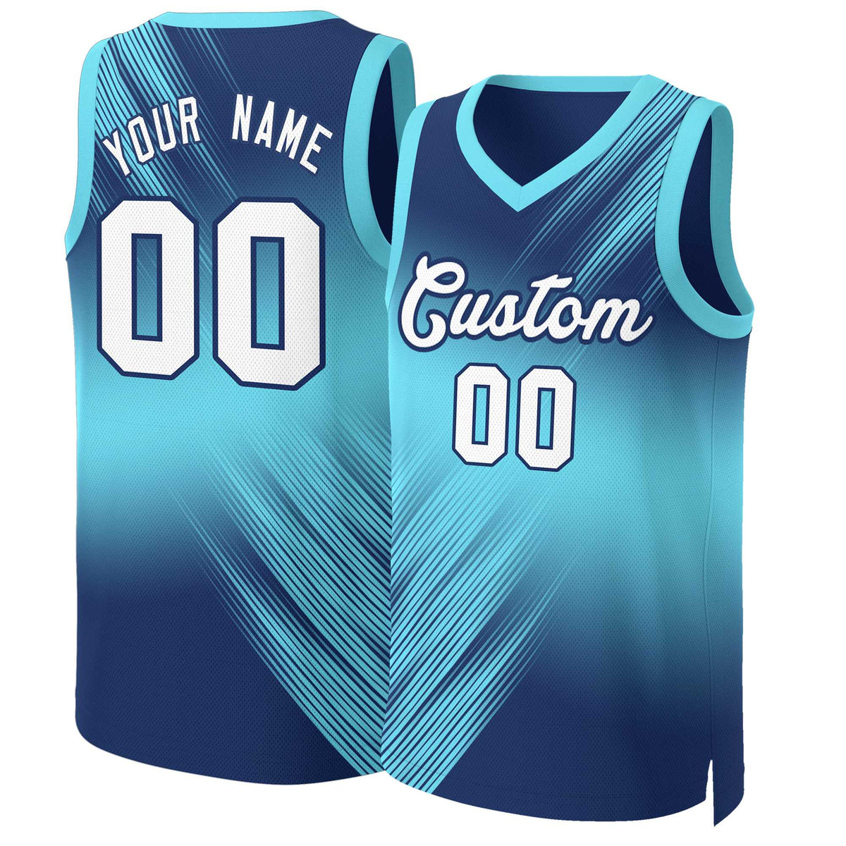 Maillot de basket-ball personnalisé bleu marine, blanc et bleu marine dégradé