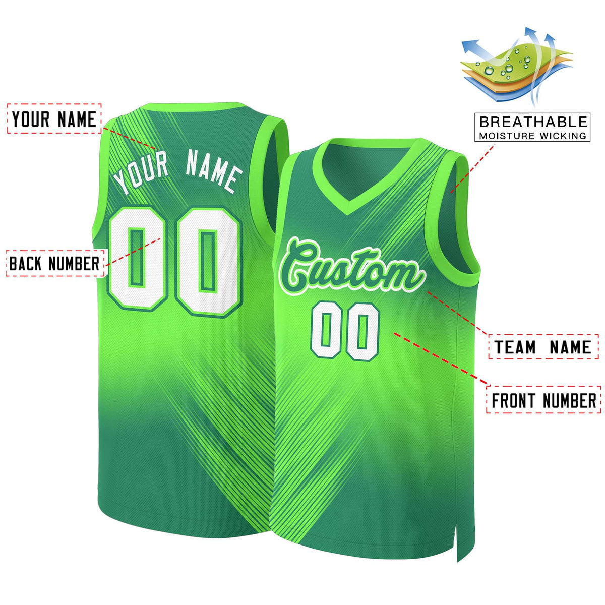 Maillot de basket-ball personnalisé dégradé vert blanc-vert
