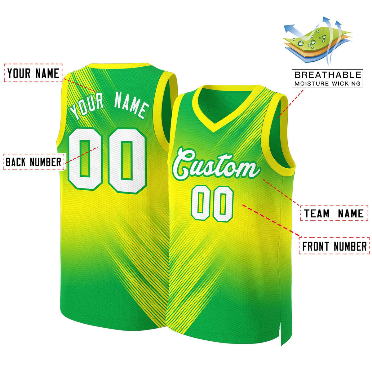 Maillot de basket-ball personnalisé dégradé vert blanc-vert