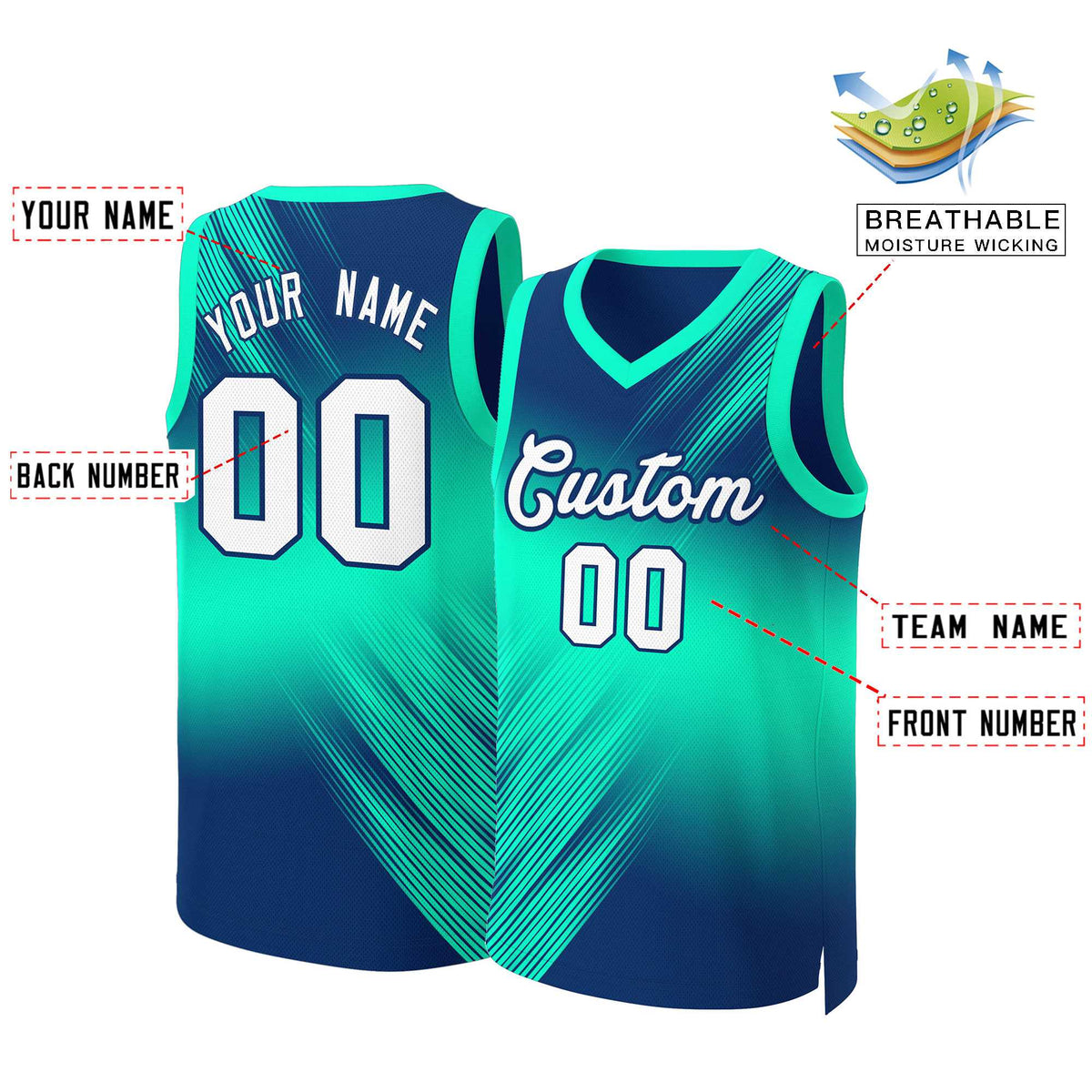 Maillot de basket-ball personnalisé bleu marine, blanc et bleu marine dégradé