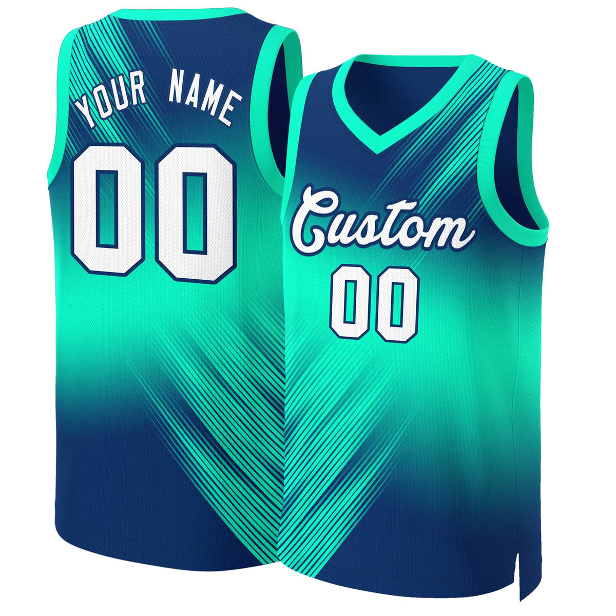 Maillot de basket-ball personnalisé bleu marine, blanc et bleu marine dégradé