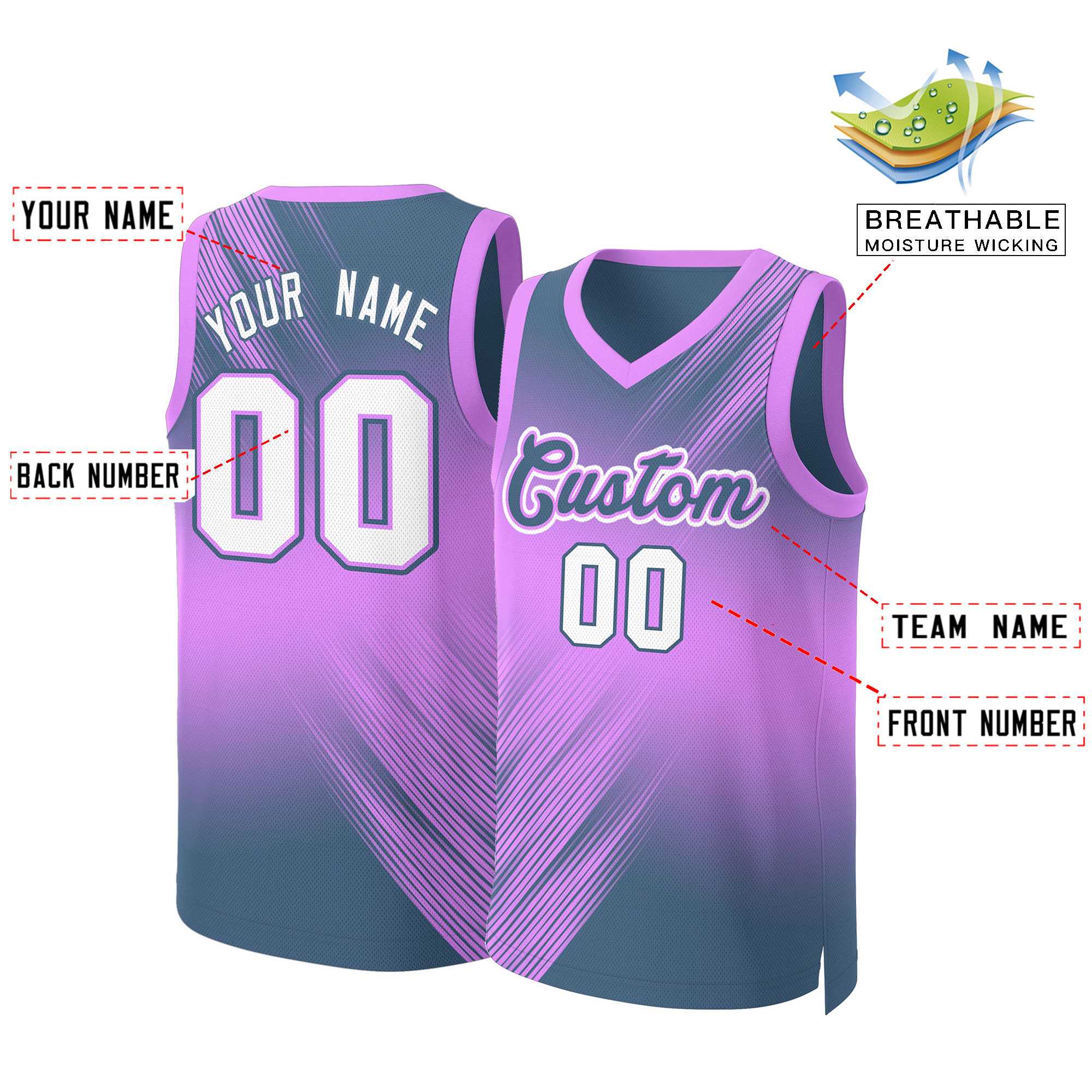 Maillot de basket-ball personnalisé dégradé rose bleu marine et blanc