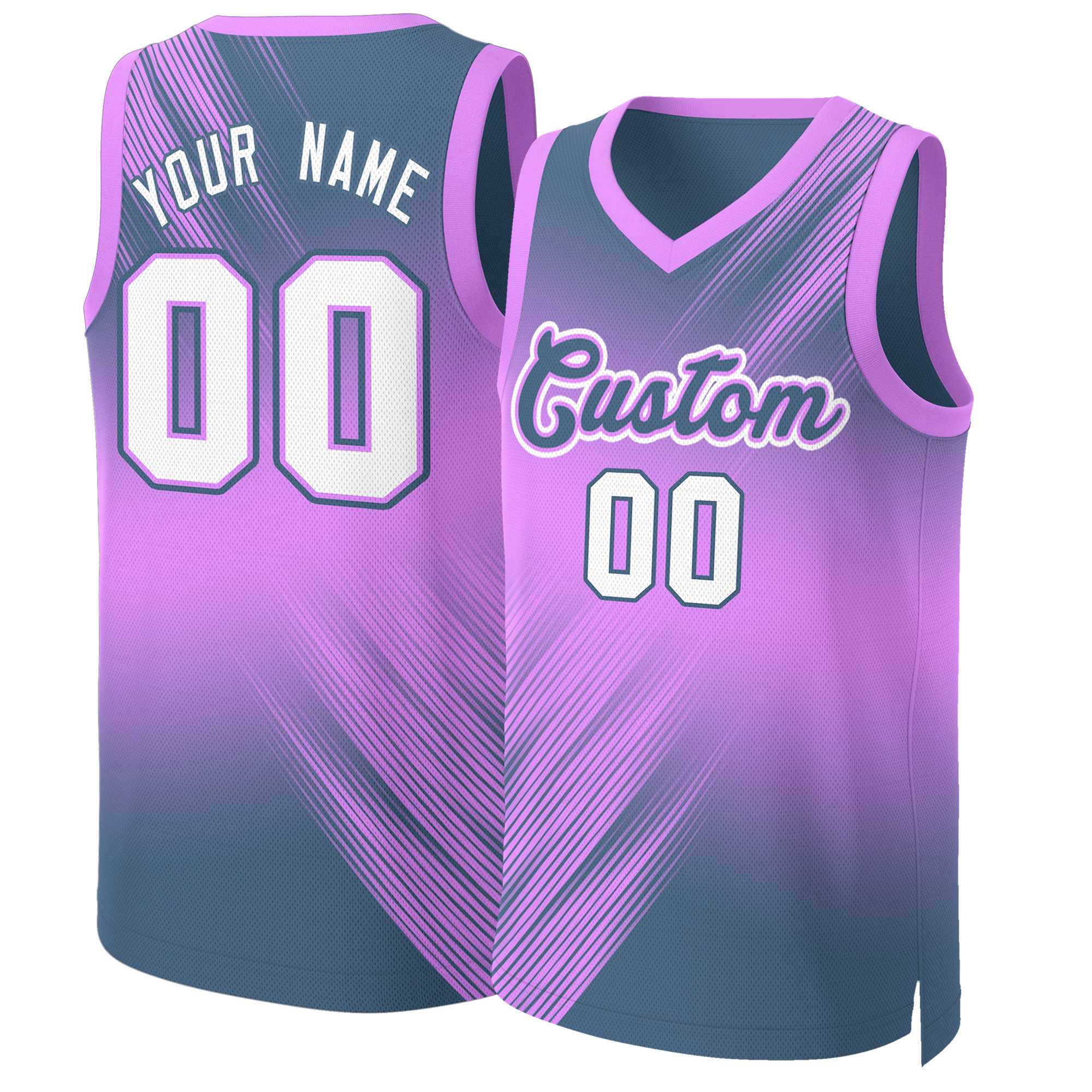 Maillot de basket-ball personnalisé dégradé rose bleu marine et blanc