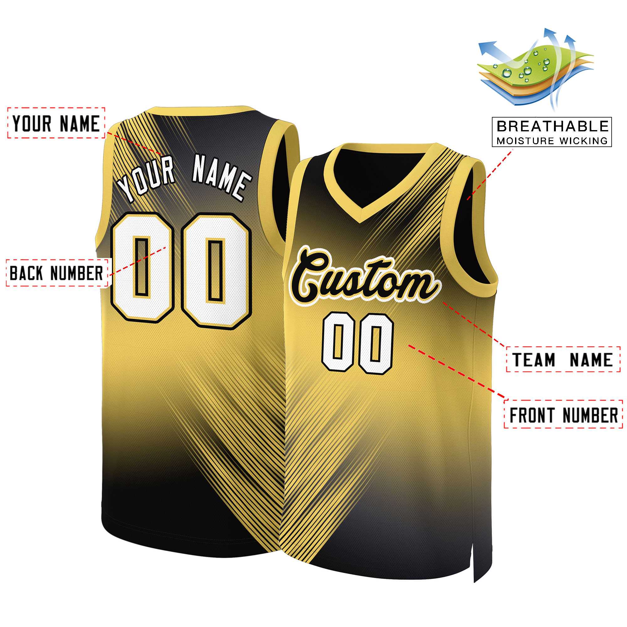 Maillot de basket-ball personnalisé dégradé jaune noir-jaune