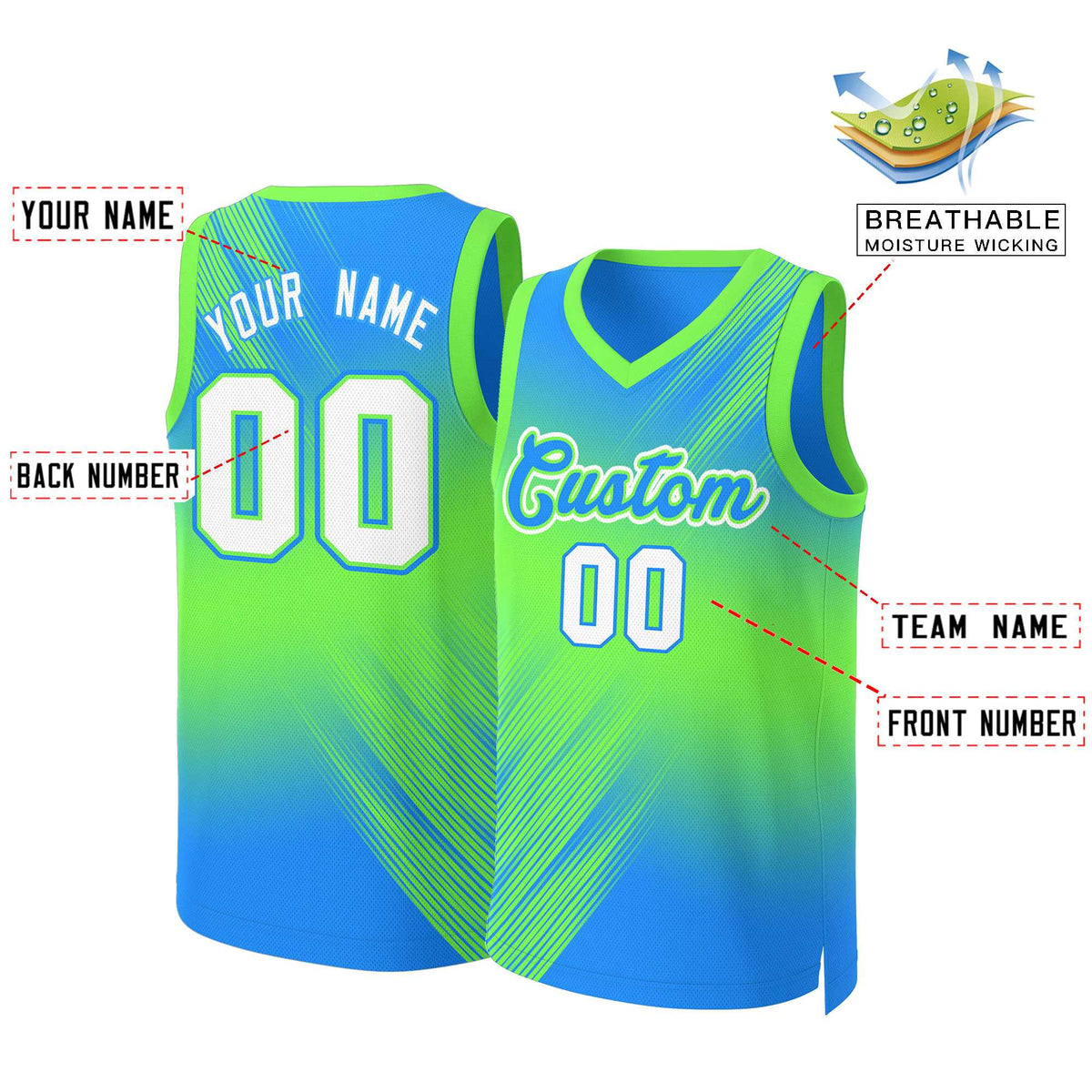 Maillot de basket-ball personnalisé dégradé vert bleu-vert