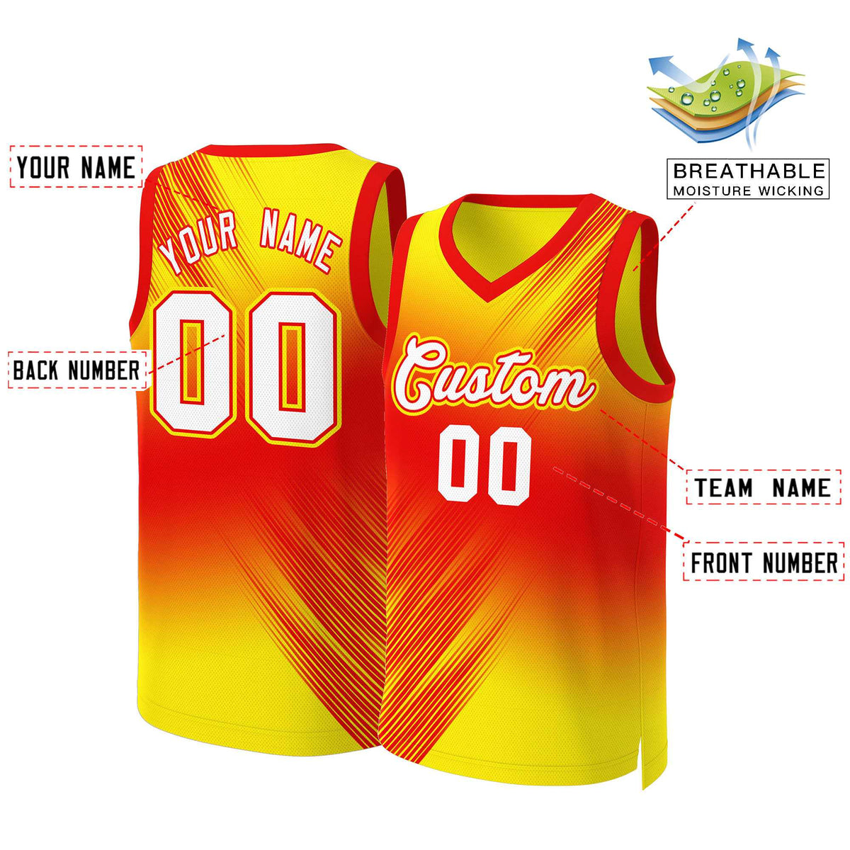 Maillot de basket-ball personnalisé à la mode, dégradé rouge, blanc et rouge