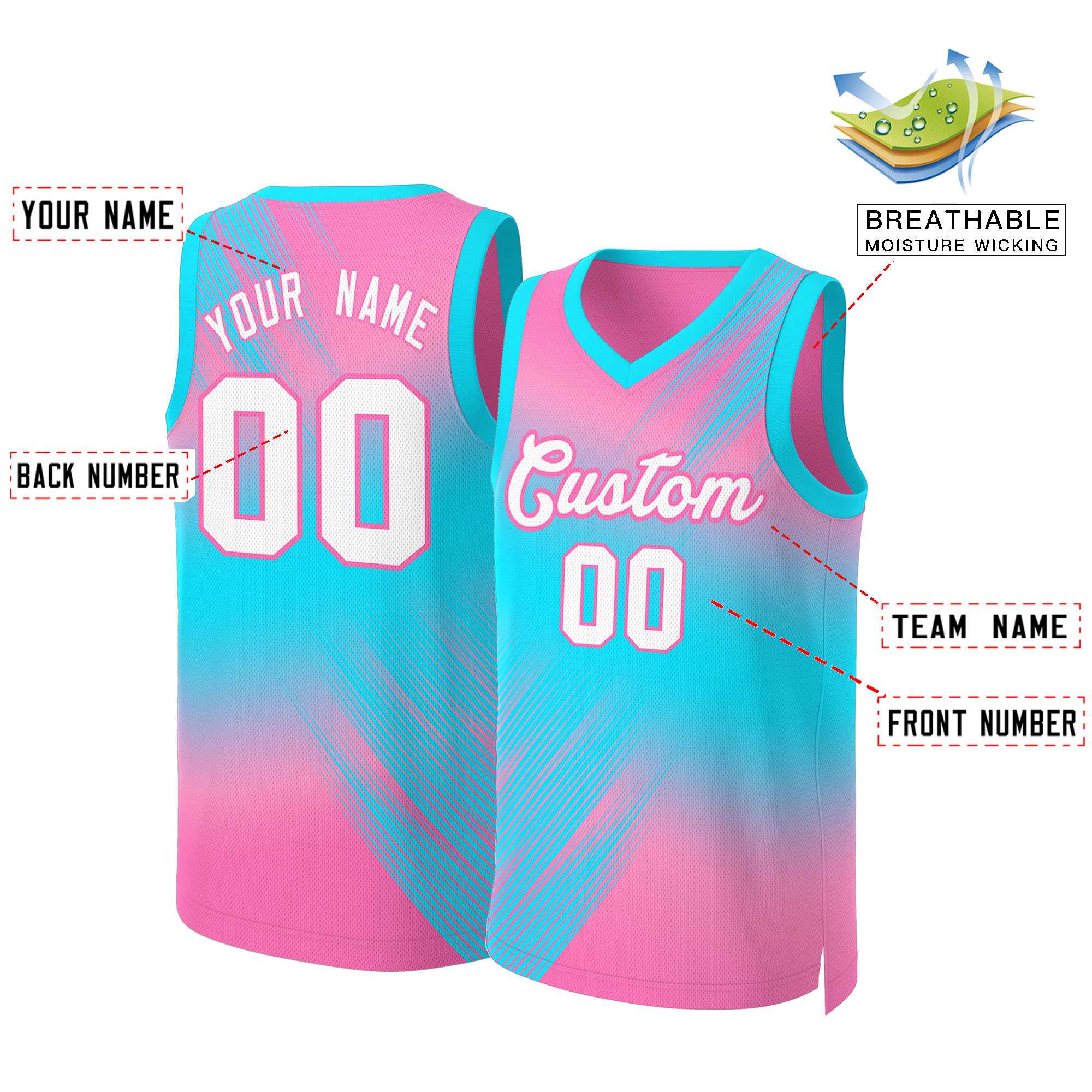 Maillot de basket-ball personnalisé dégradé rose blanc-rose