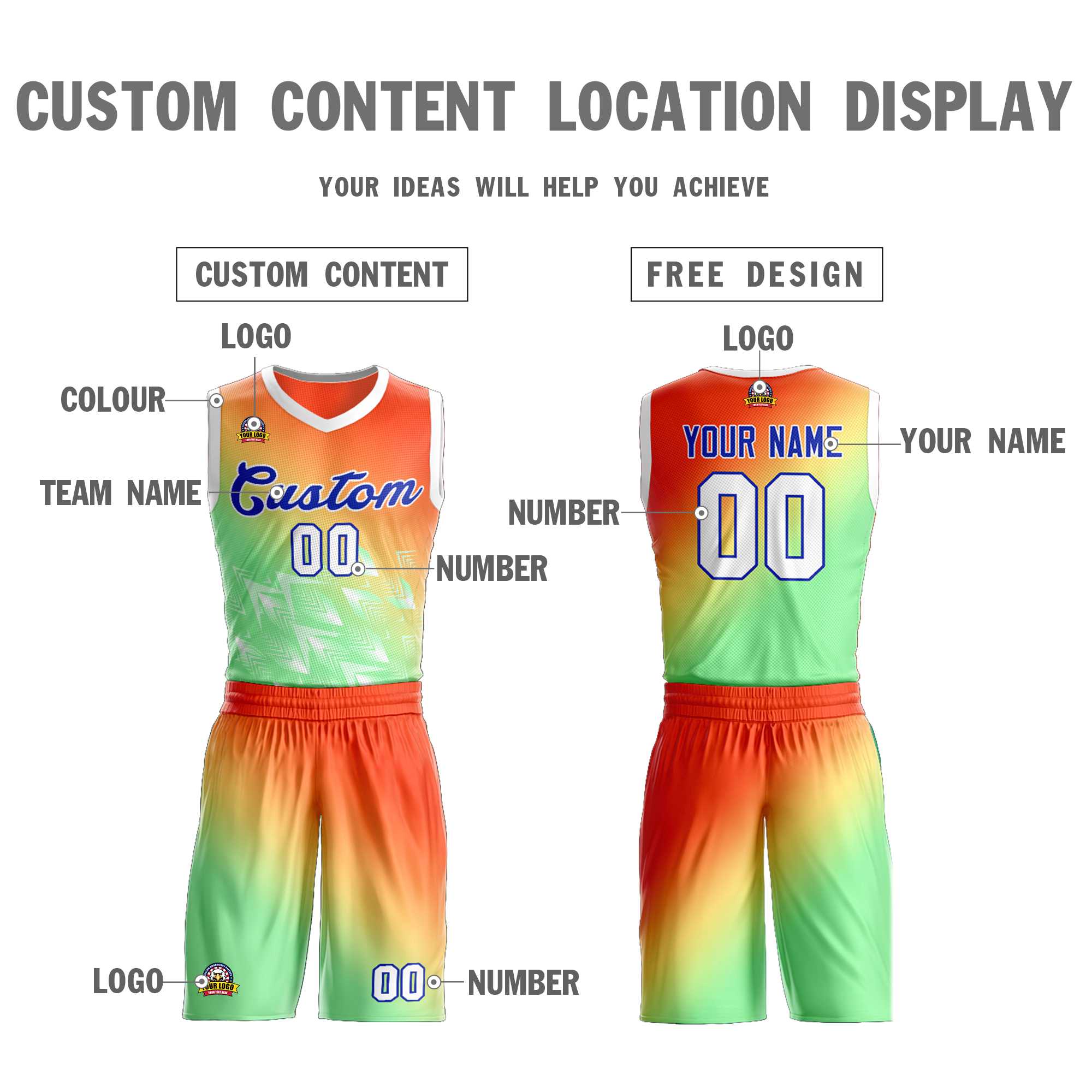 Custom Orange Green-Royal Gradient Fashion Kits Slash Basketball Jersey