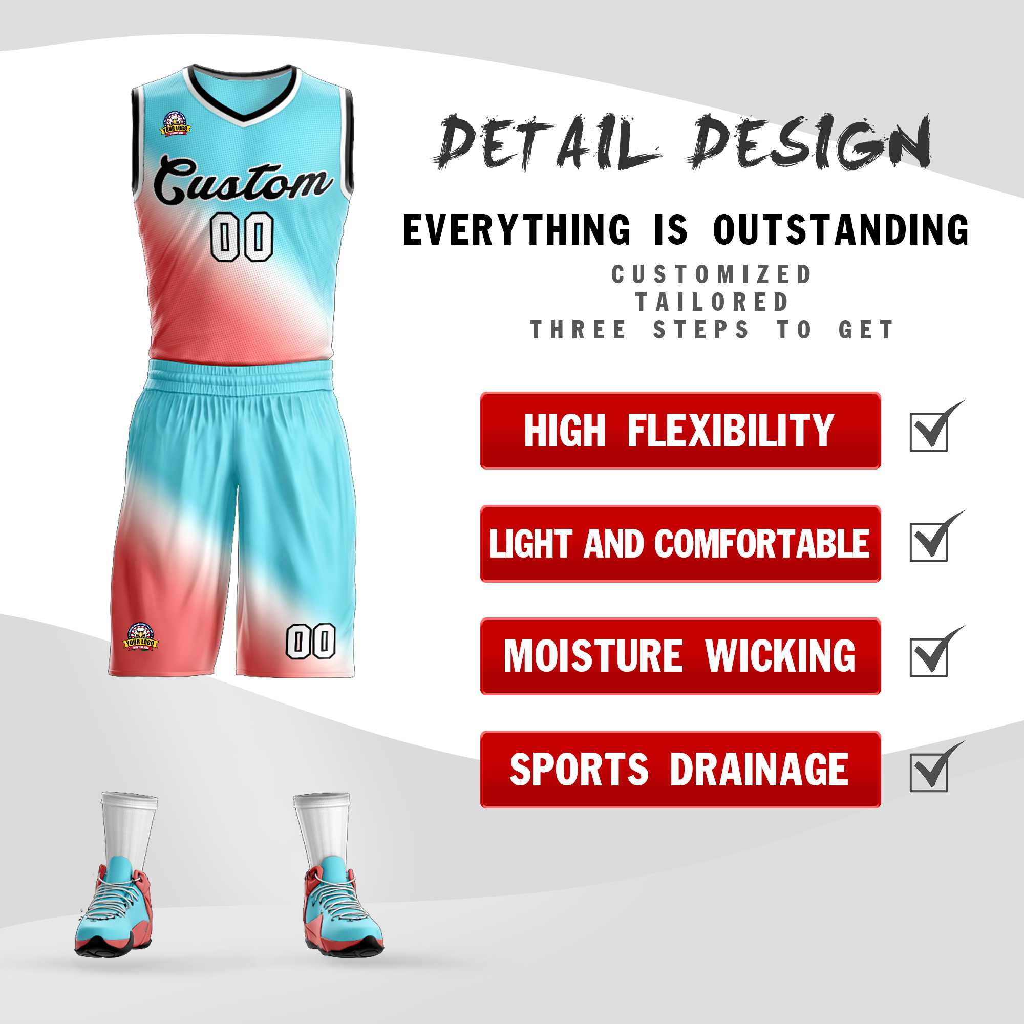 Custom Aqua Red-Black Gradient Fashion Kits Slash Basketball Jersey