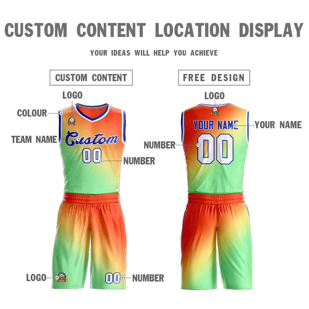 Custom Orange Green-Royal Gradient Fashion Kits Slash Basketball Jersey