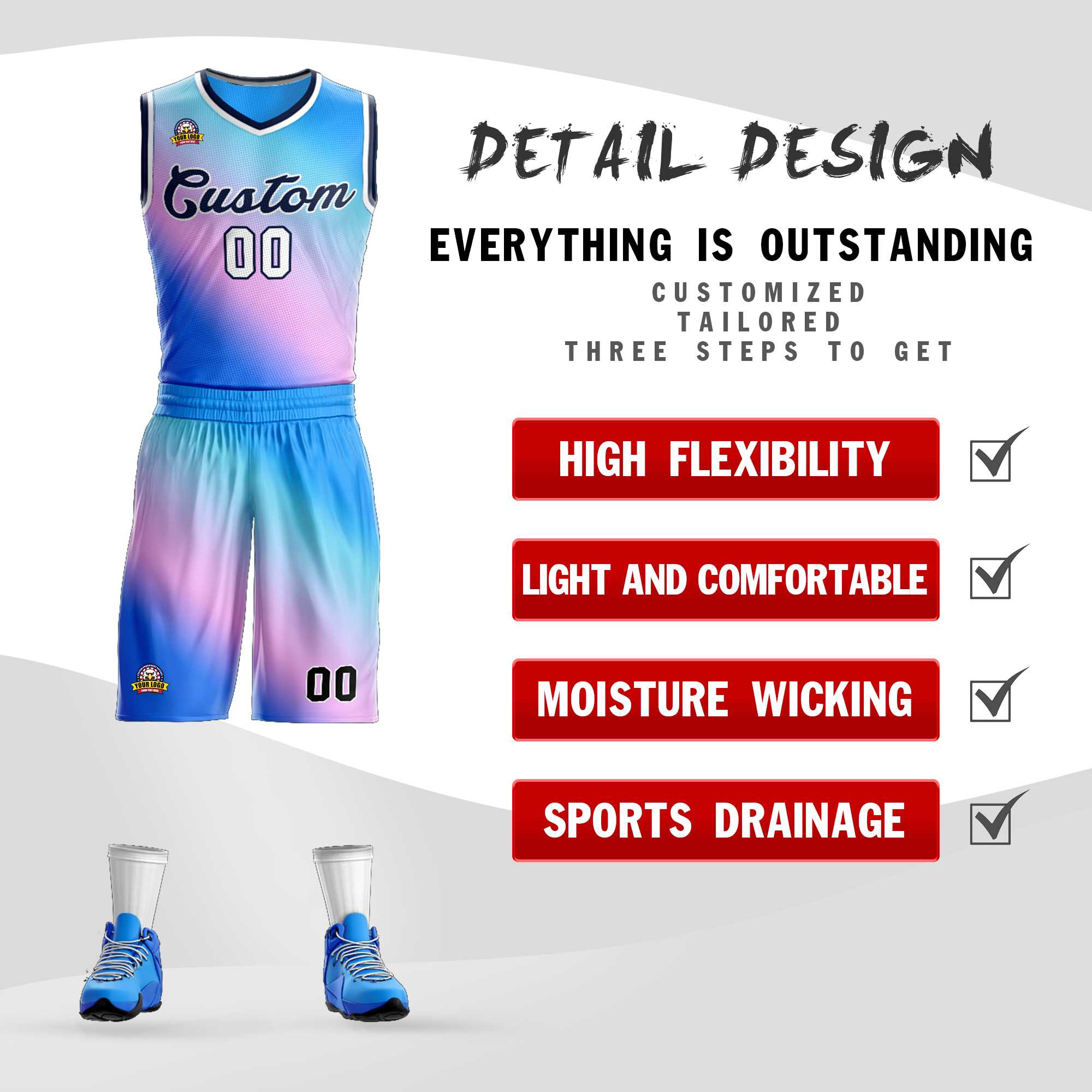 Custom Powder Blue Purple-Navy Gradient Fashion Kits Slash Basketball Jersey