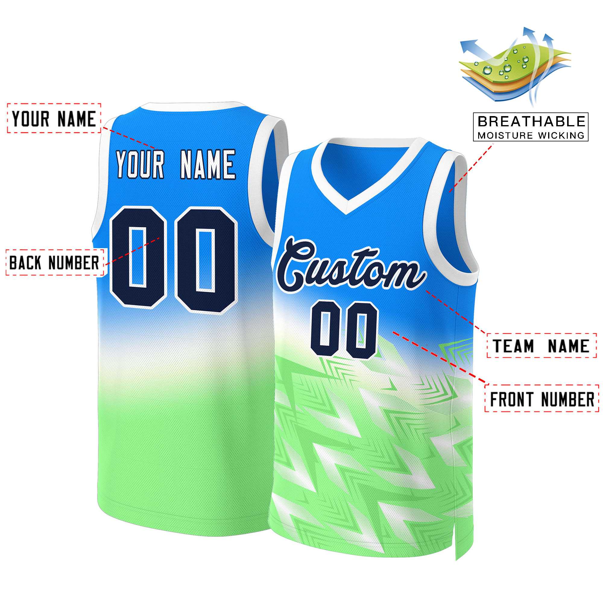 Maillot de basket-ball personnalisé dégradé bleu vert-noir