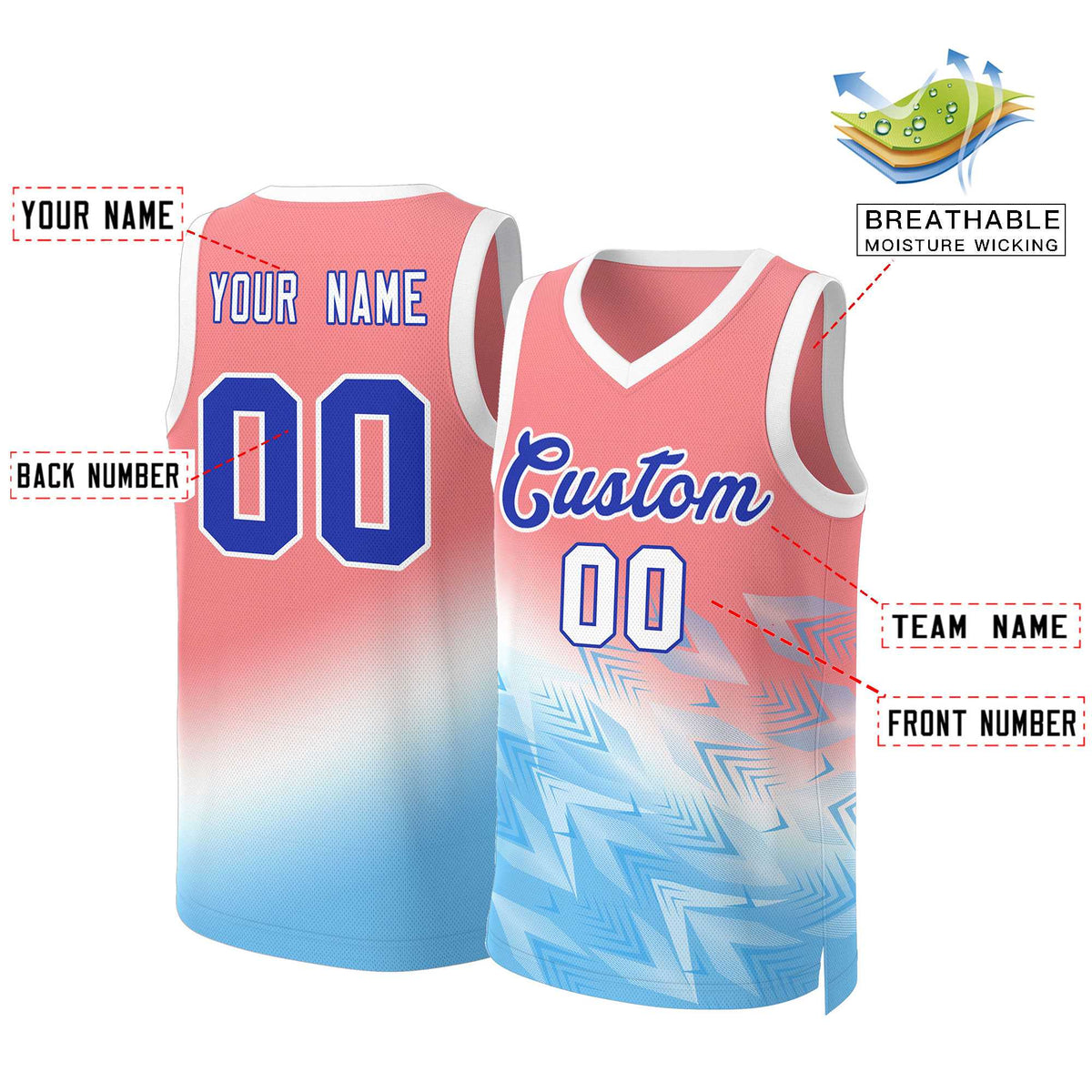Maillot de basket-ball personnalisé dégradé rouge bleu-royal