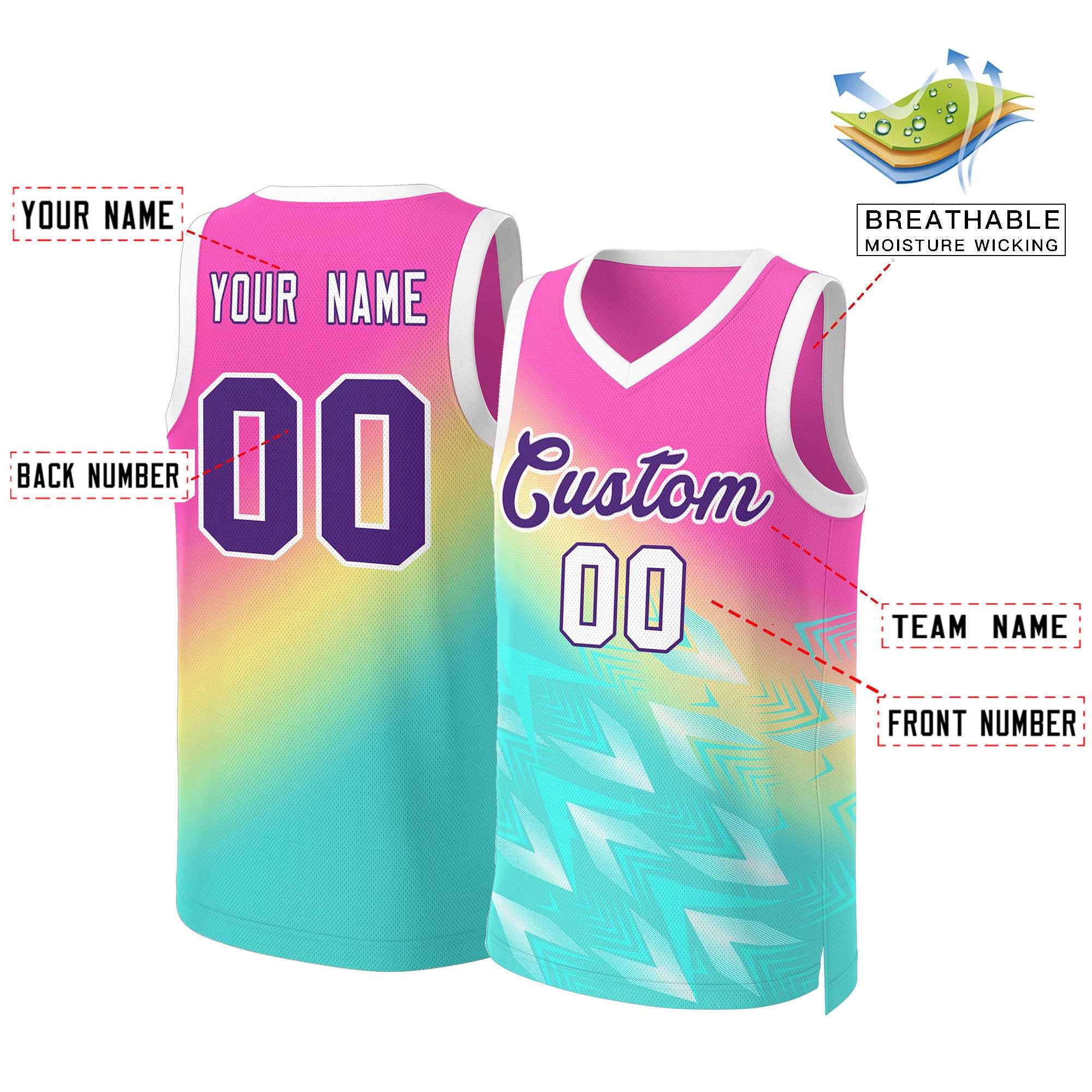 Maillot de basket-ball personnalisé dégradé rouge vert-violet