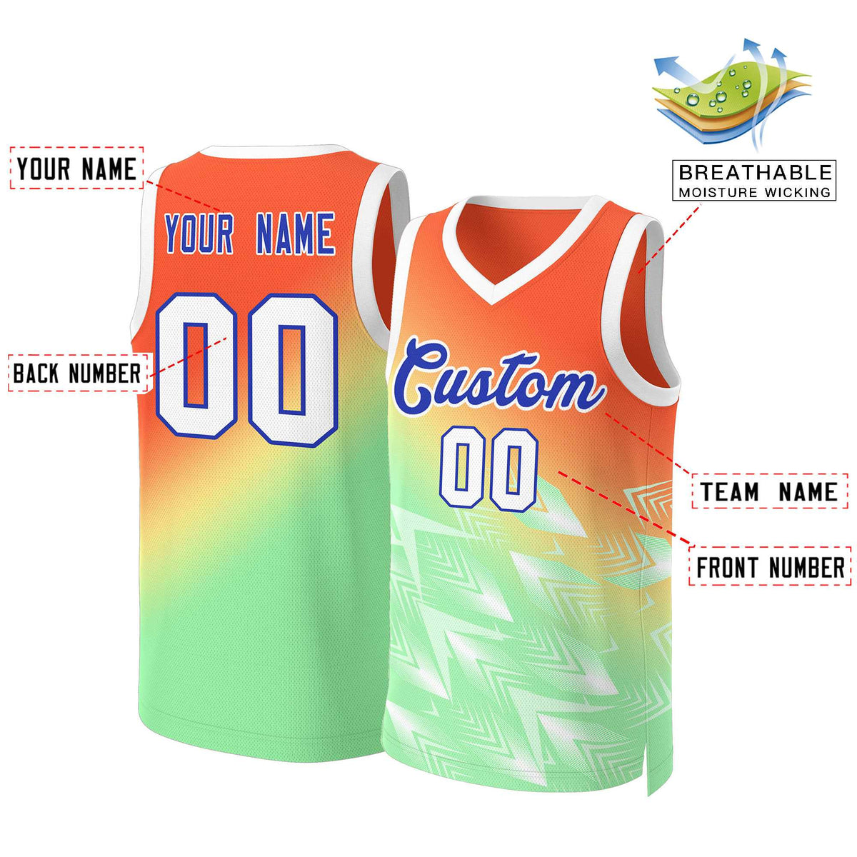 Benutzerdefinierte Orange Grün-Royal Gradient Fashion Tops Slash Basketball Jersey