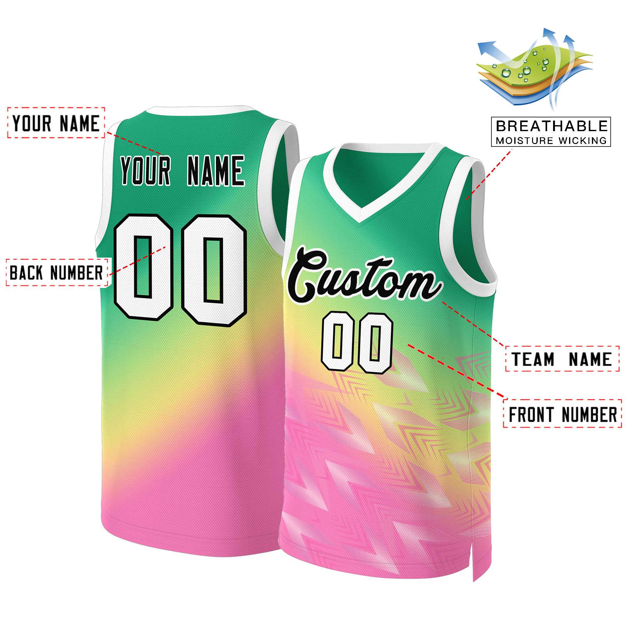 Maillot de basket-ball personnalisé dégradé vert rose-noir Kelly