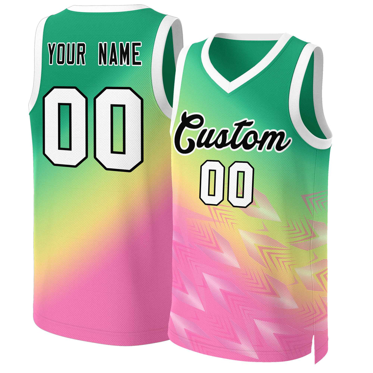 Benutzerdefinierte Kelly Grün Rosa-Schwarz Gradienten Mode Tops Slash Basketball Jersey