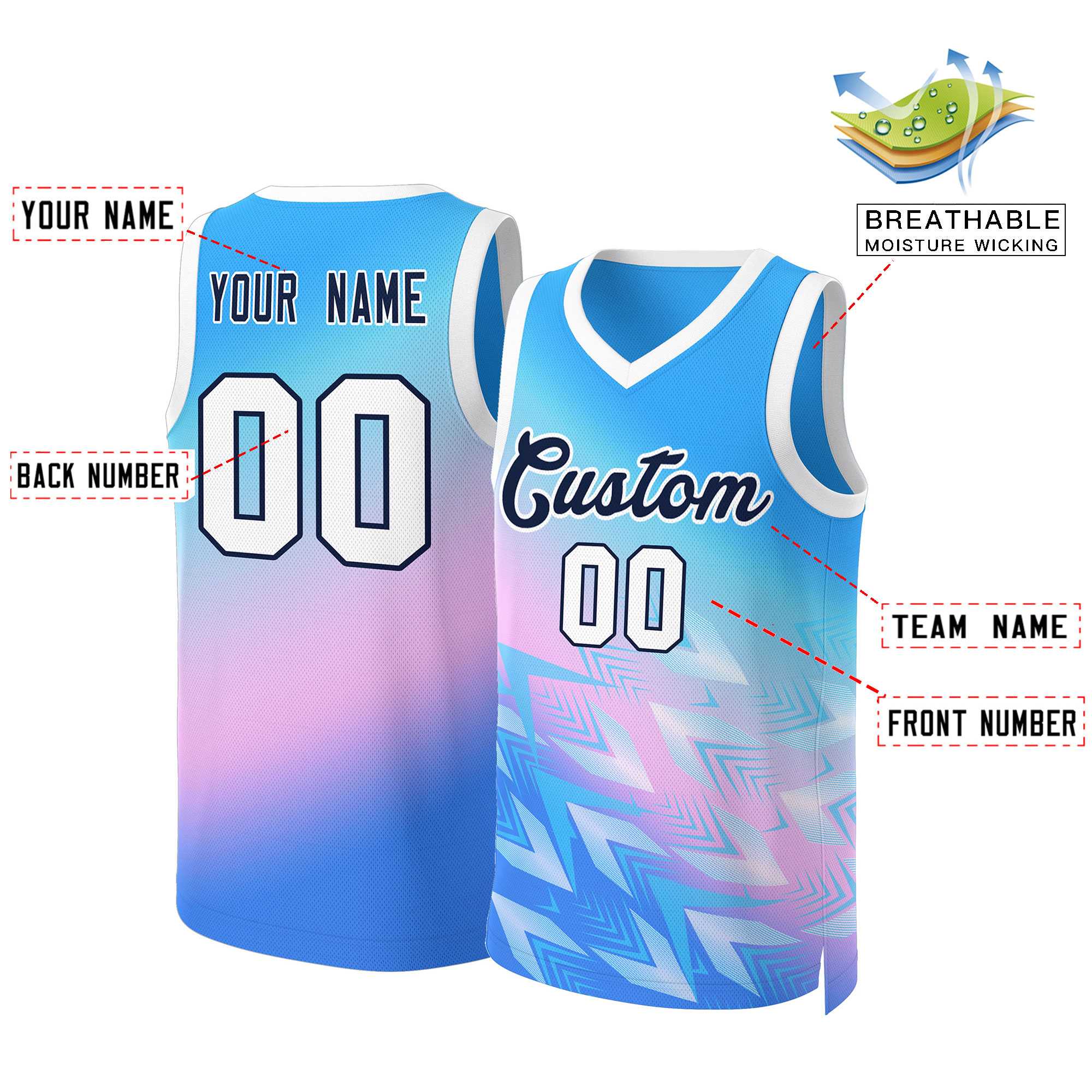 Maillot de basket-ball personnalisé bleu poudre dégradé bleu poudre-noir