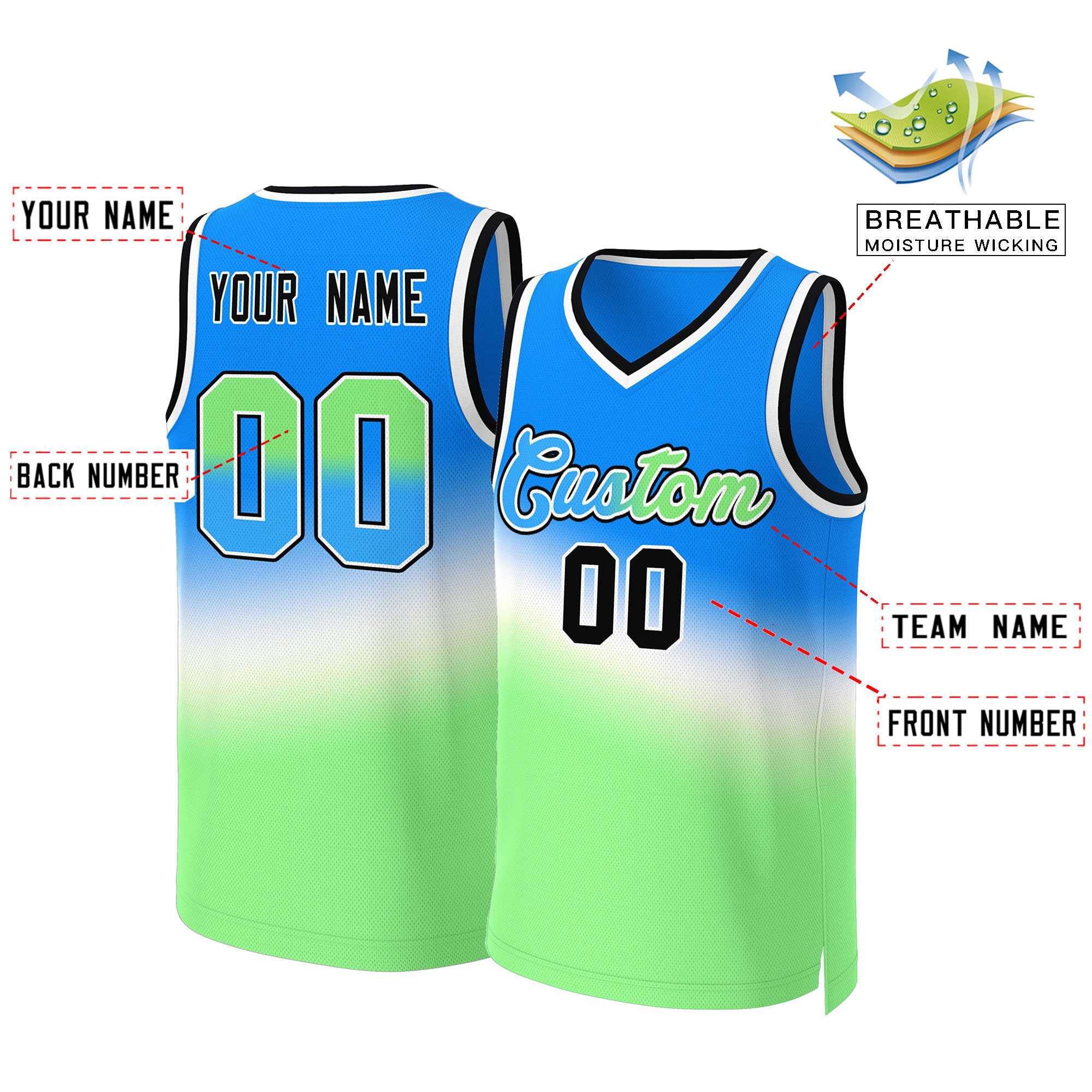 Maillot de basket-ball personnalisé dégradé bleu vert-bleu