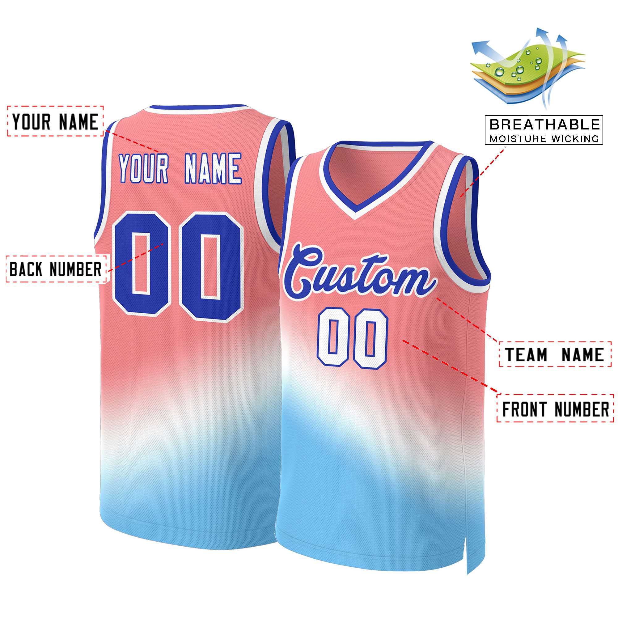 Maillot de basket-ball personnalisé dégradé rouge bleu-royal