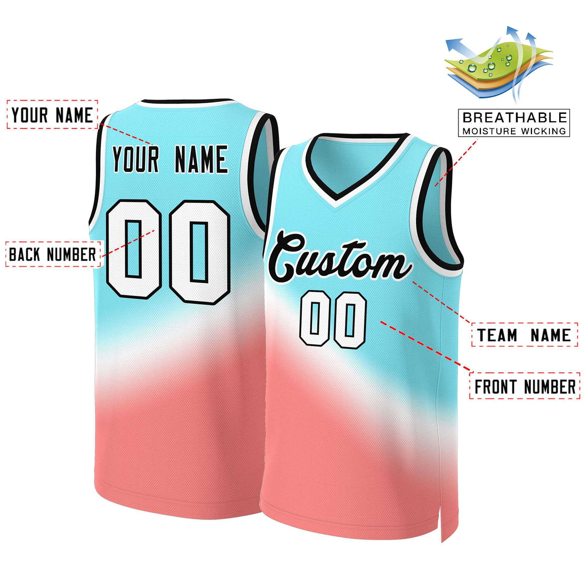 Maillot de basket-ball personnalisé dégradé rouge-noir Aqua