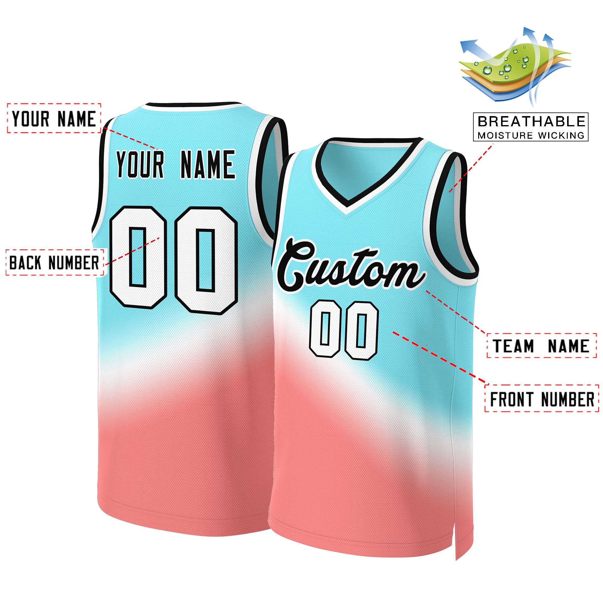 Maillot de basket-ball personnalisé dégradé rouge-noir Aqua