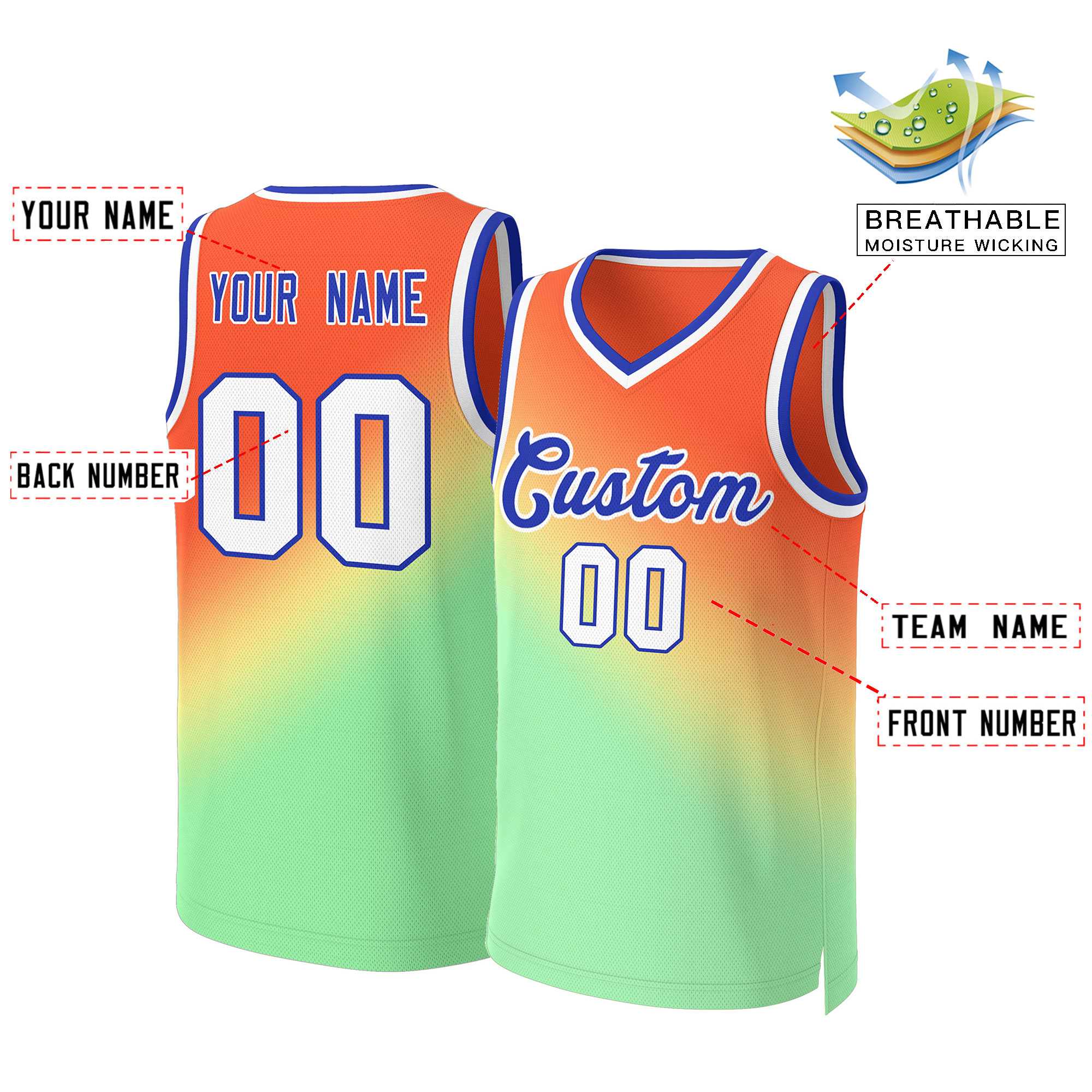 Maillot de basket-ball personnalisé dégradé orange vert-royal