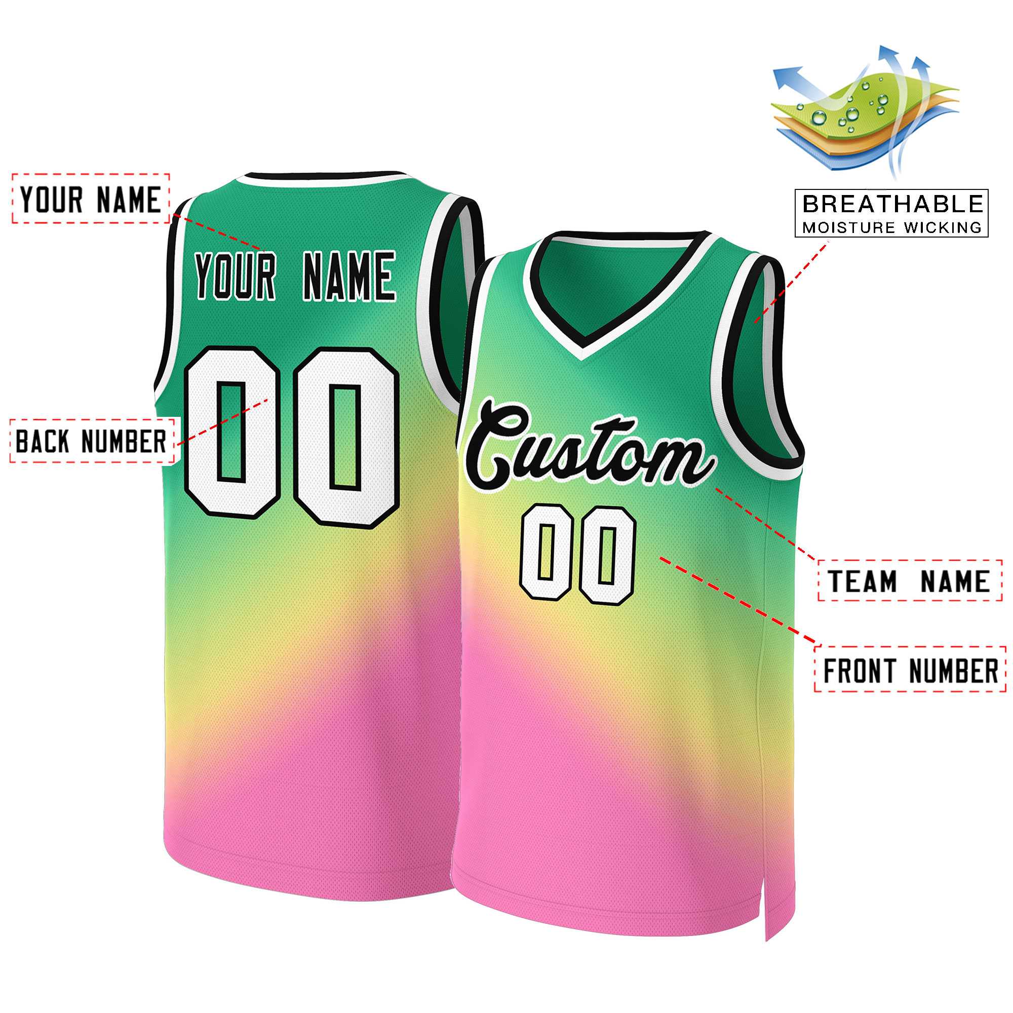 Maillot de basket-ball personnalisé dégradé vert rose-noir Kelly