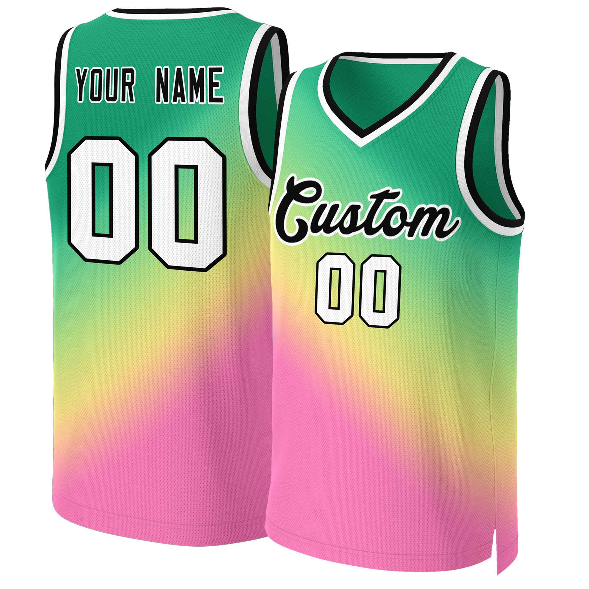 Maillot de basket-ball personnalisé dégradé vert rose-noir Kelly