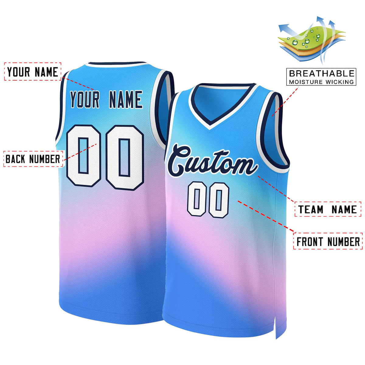 Maillot de basket-ball Slash personnalisé bleu poudre dégradé bleu poudre-bleu marine