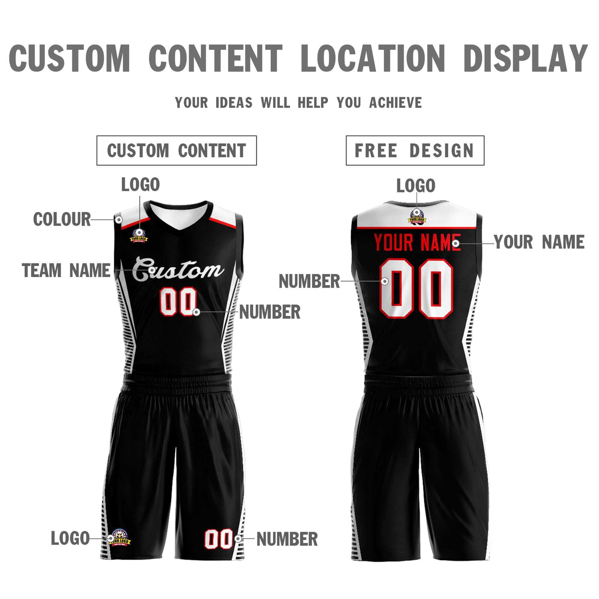 Custom Black White Classic Kits Mesh Basketball Jersey