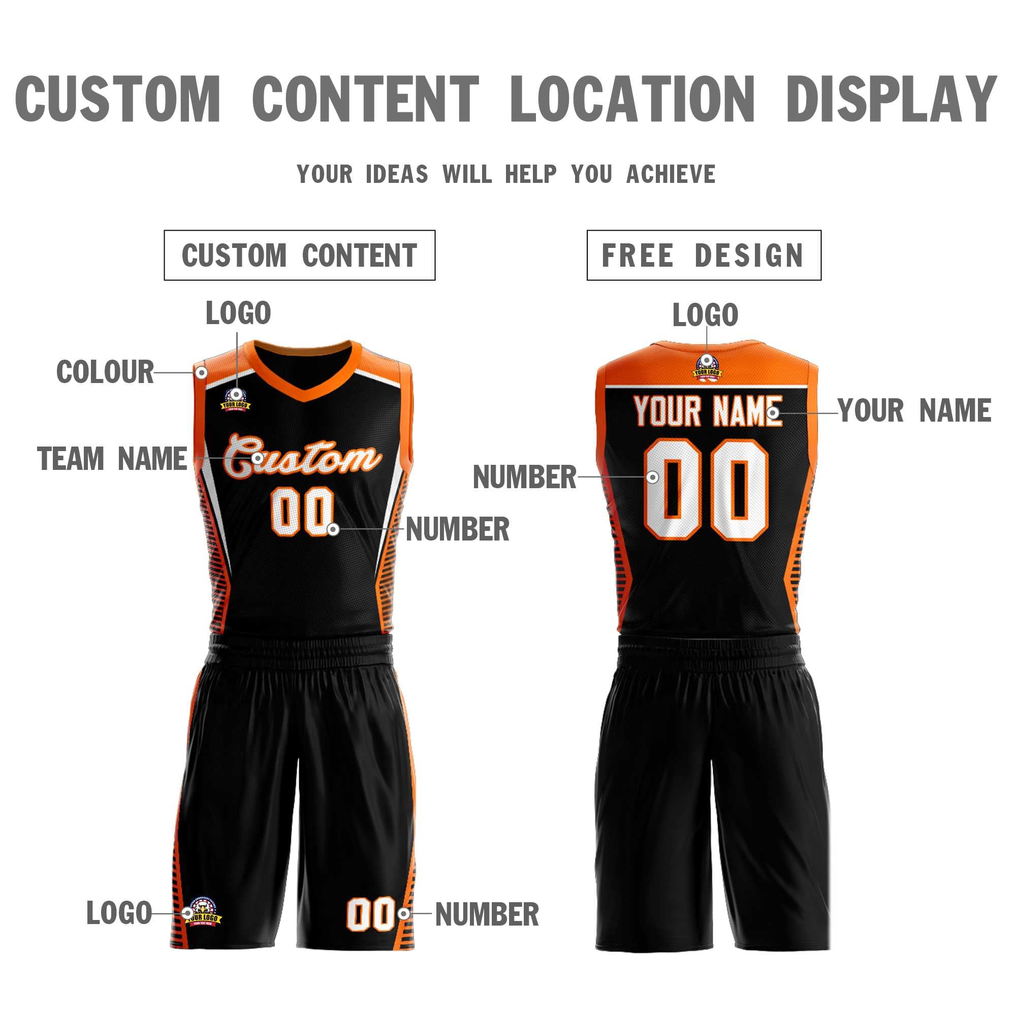 Benutzerdefinierte schwarz weiß-orange Classic Kits Mesh Basketball Jersey
