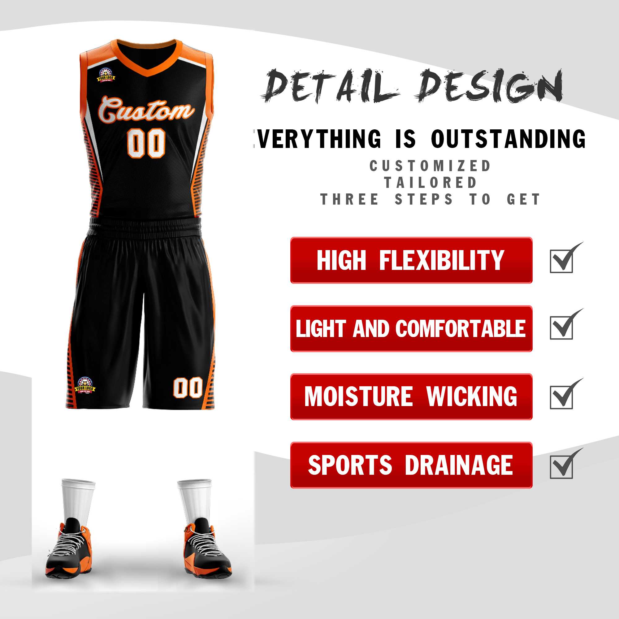 Benutzerdefinierte schwarz weiß-orange Classic Kits Mesh Basketball Jersey