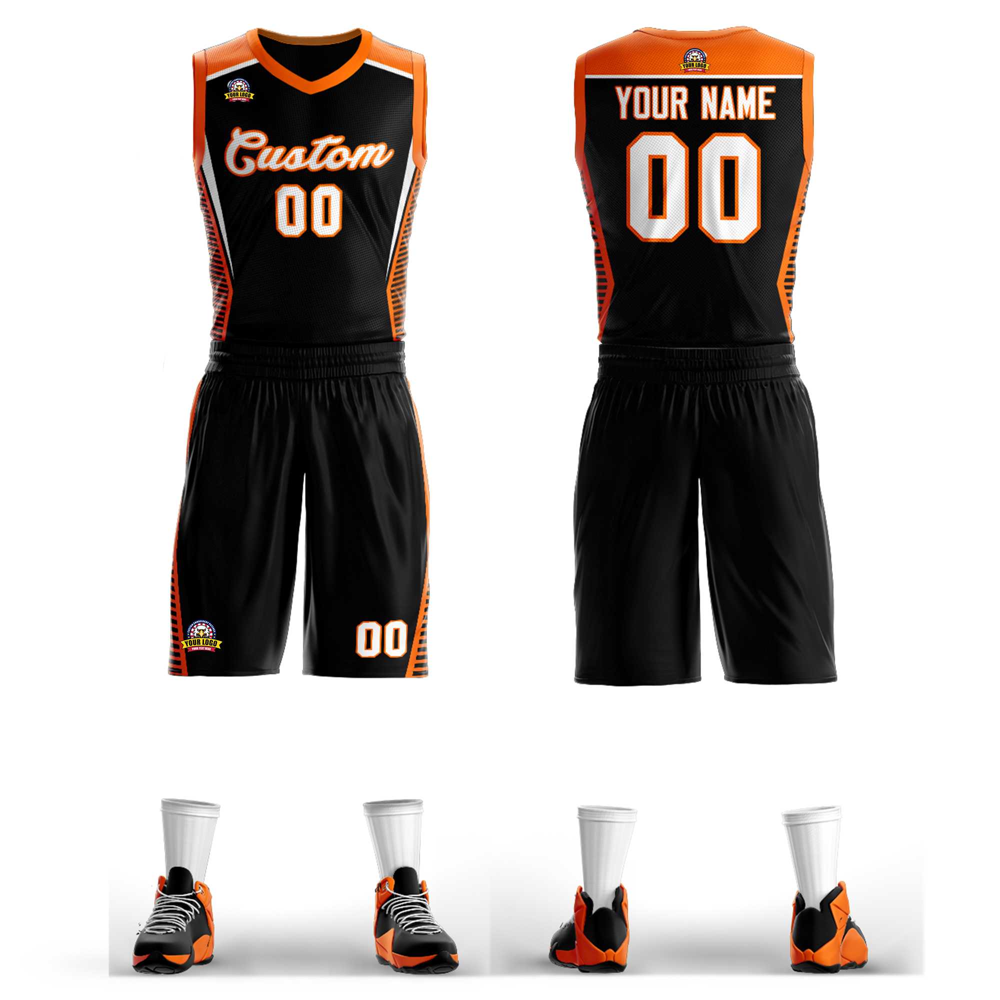 Benutzerdefinierte schwarz weiß-orange Classic Kits Mesh Basketball Jersey