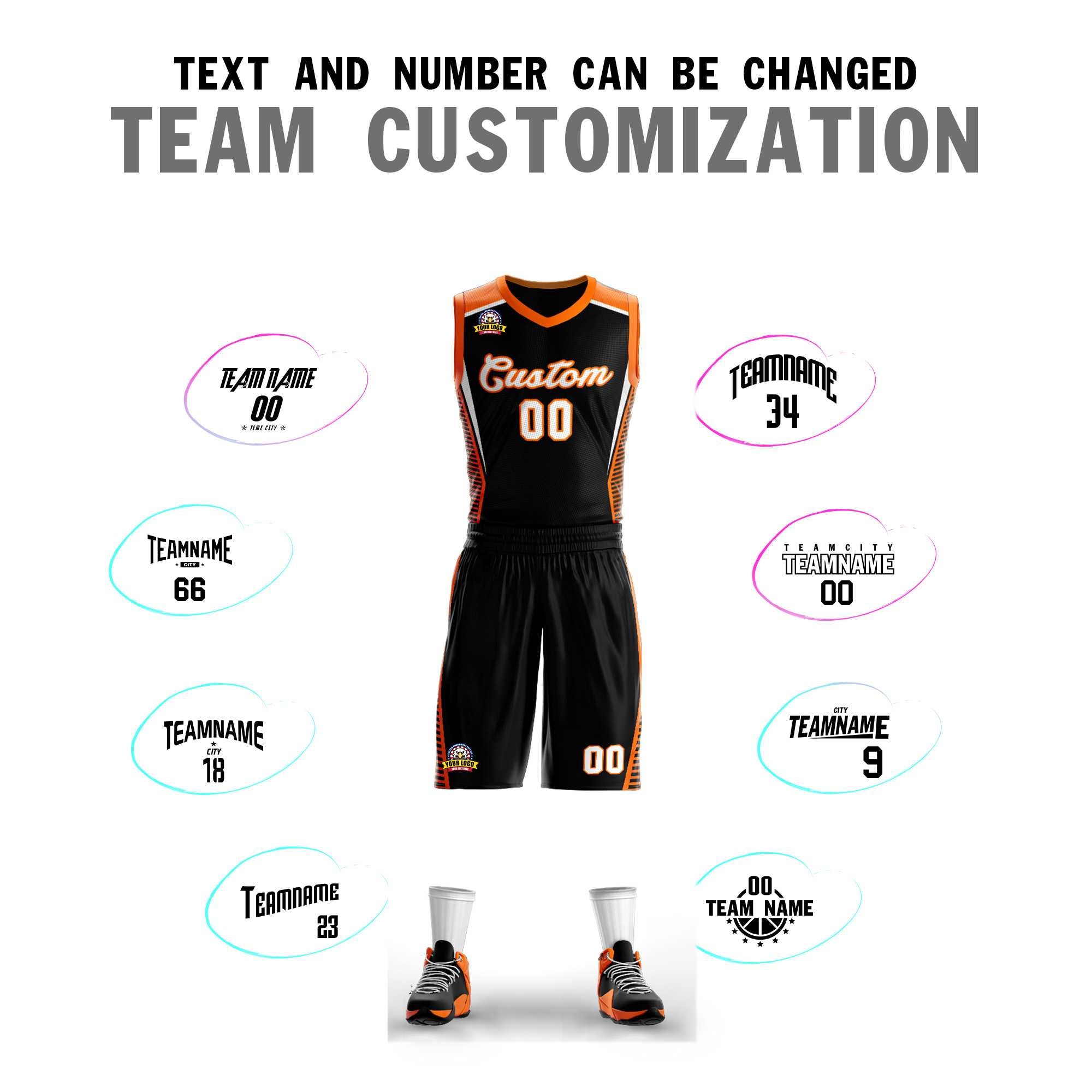 Benutzerdefinierte schwarz weiß-orange Classic Kits Mesh Basketball Jersey