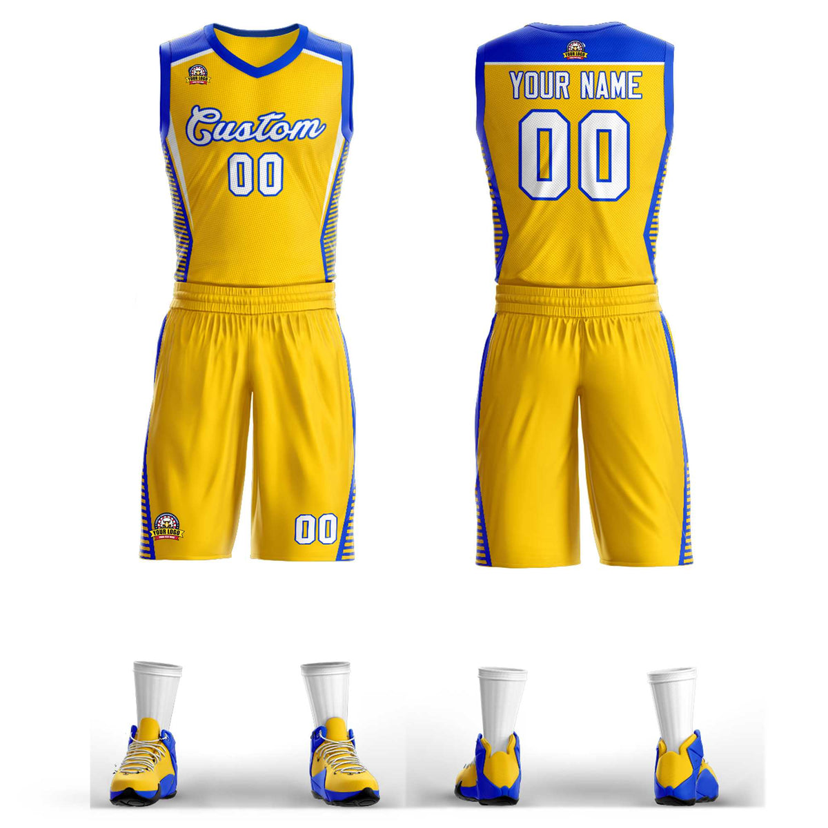 Custom Gold White-Royal Classic Kits Mesh Basketball Jersey