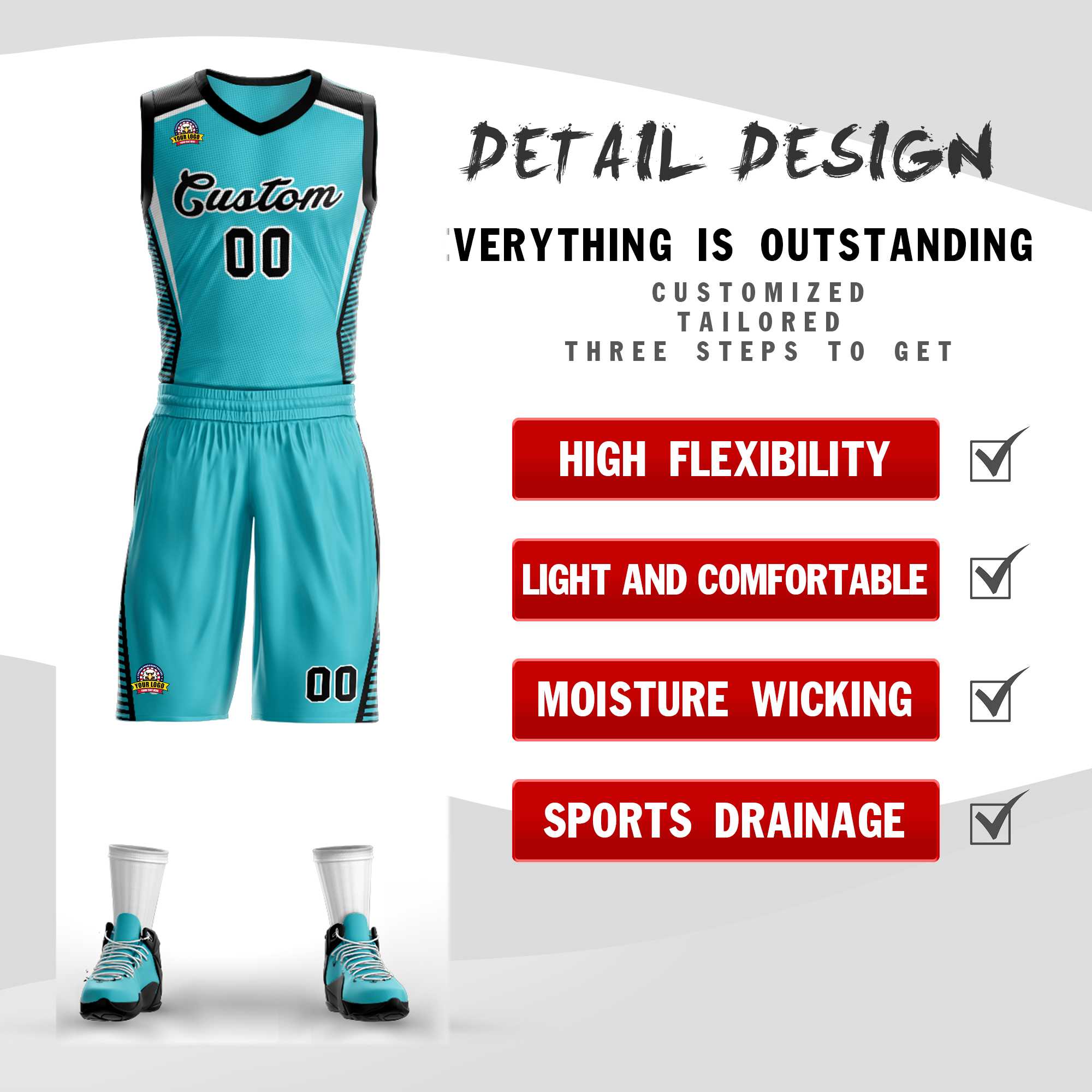 Custom Aqua Black-White Classic Kits Mesh Basketball Jersey