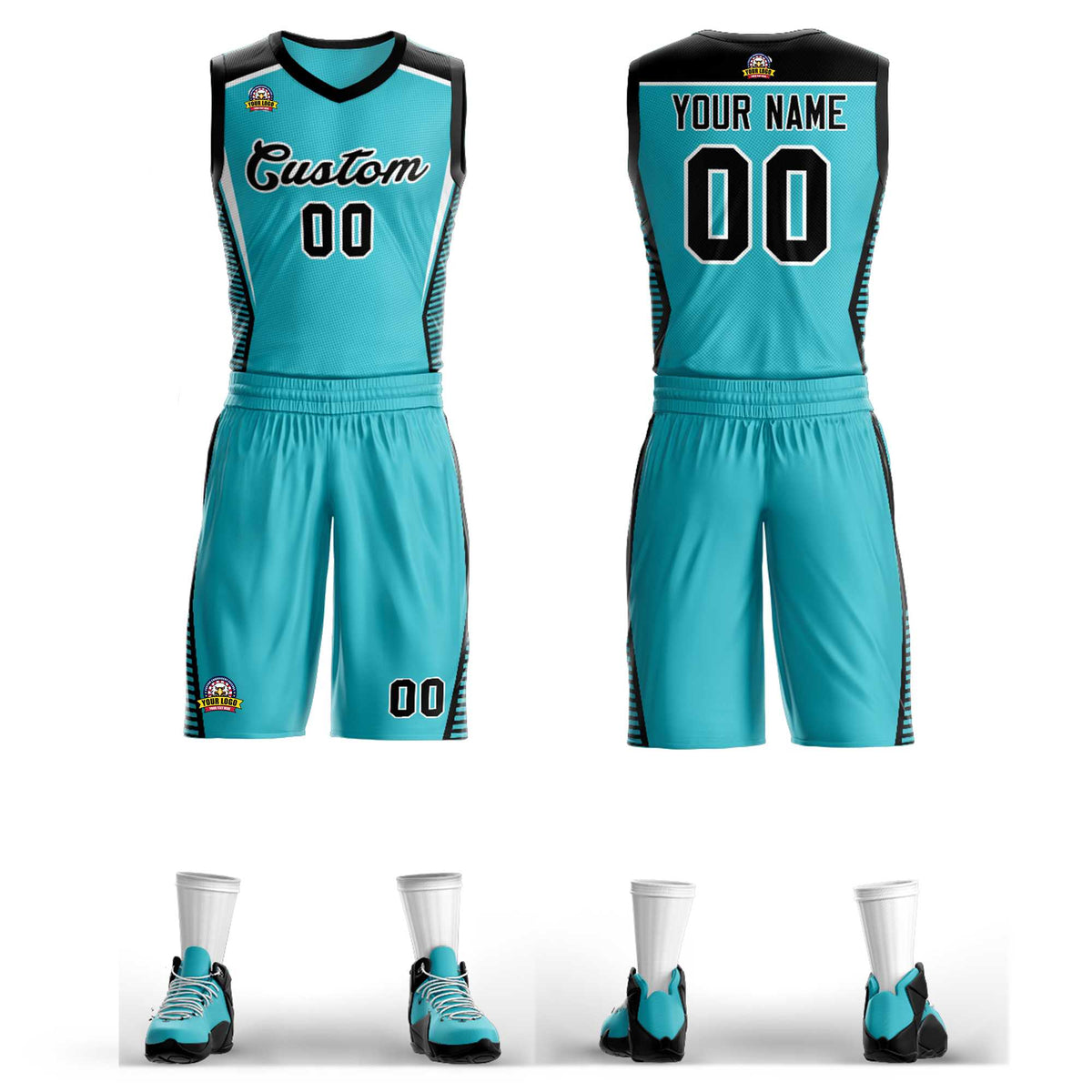 Maillot de basket-ball personnalisé Aqua noir et blanc en maille