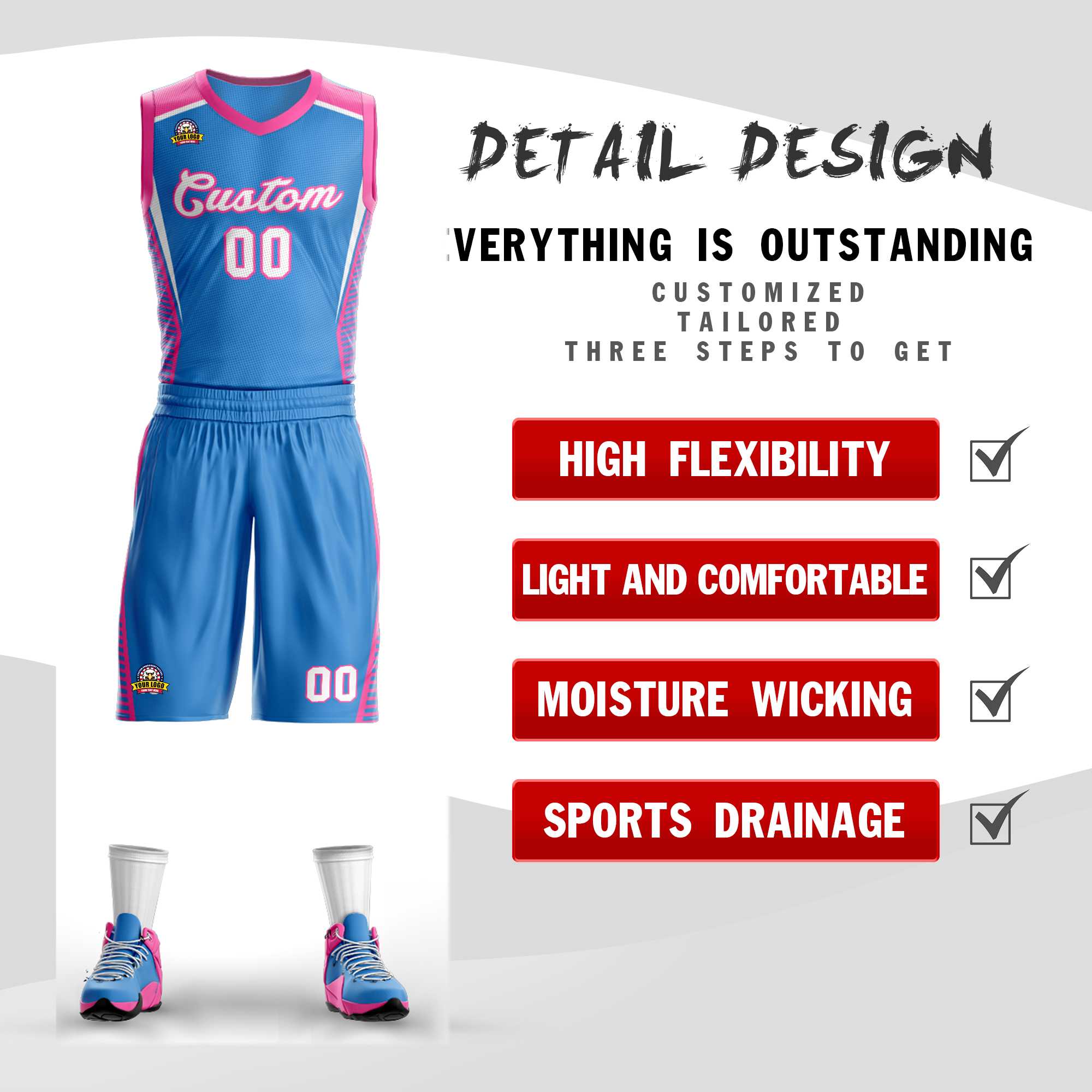 Custom Powder Blue White-Pink Classic Kits Mesh Basketball Jersey