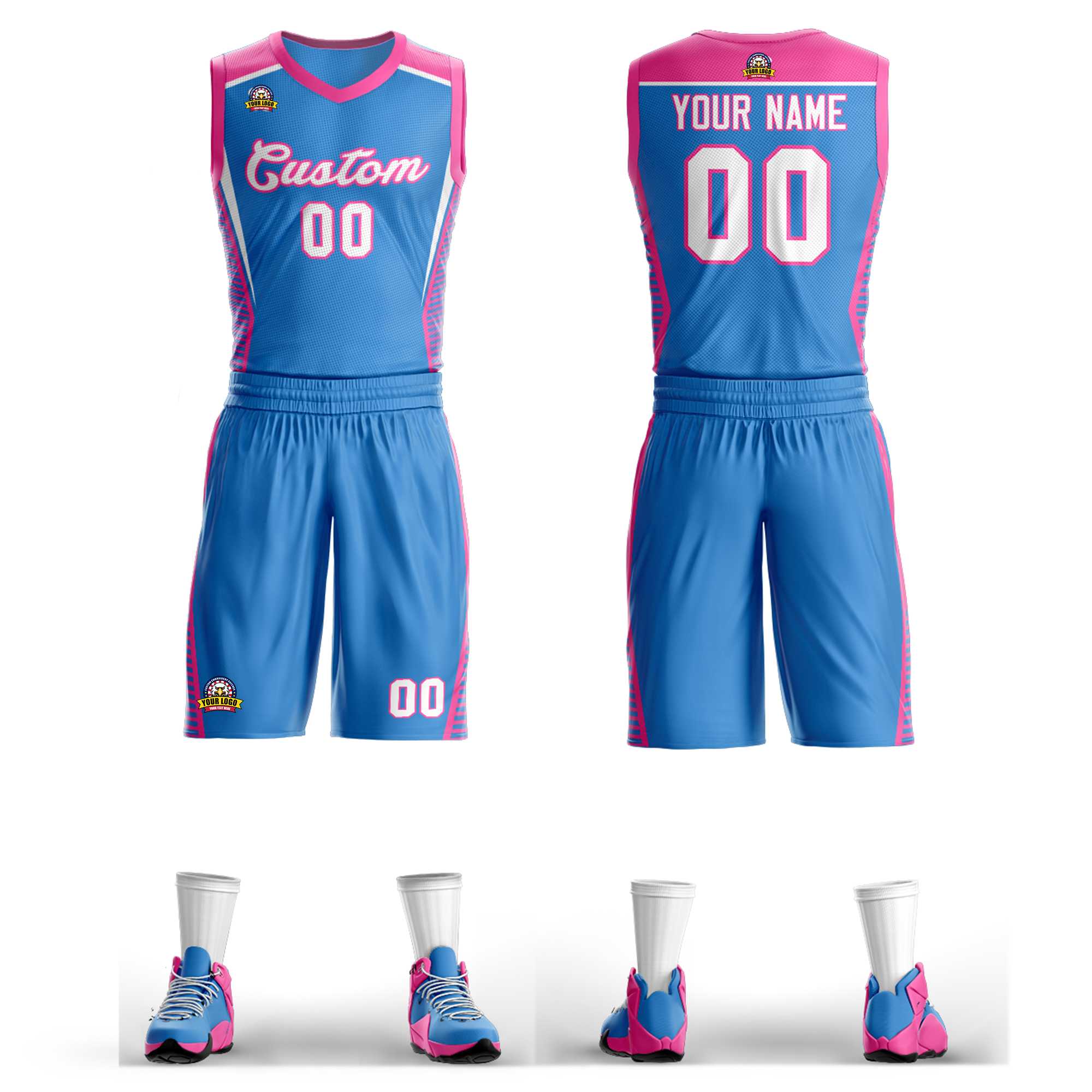 Custom Powder Blue White-Pink Classic Kits Mesh Basketball Jersey