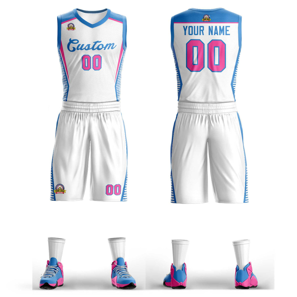 Custom White Powder Blue Classic Kits Mesh Basketball Jersey