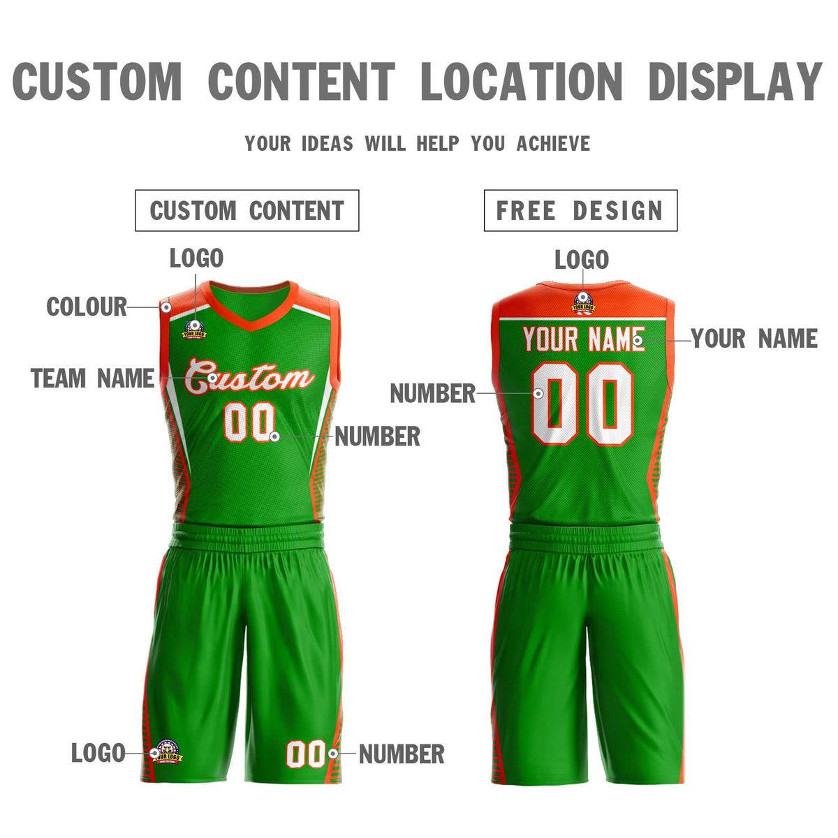 Maillot de basket-ball personnalisé vert-orange classique en maille