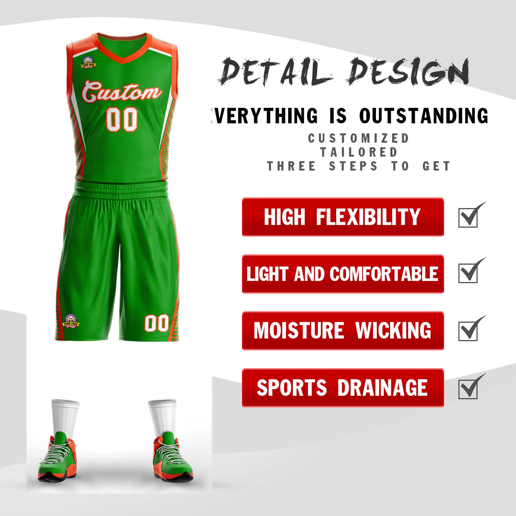 Benutzerdefinierte grün grün-orange Classic Kits Mesh Basketball Jersey