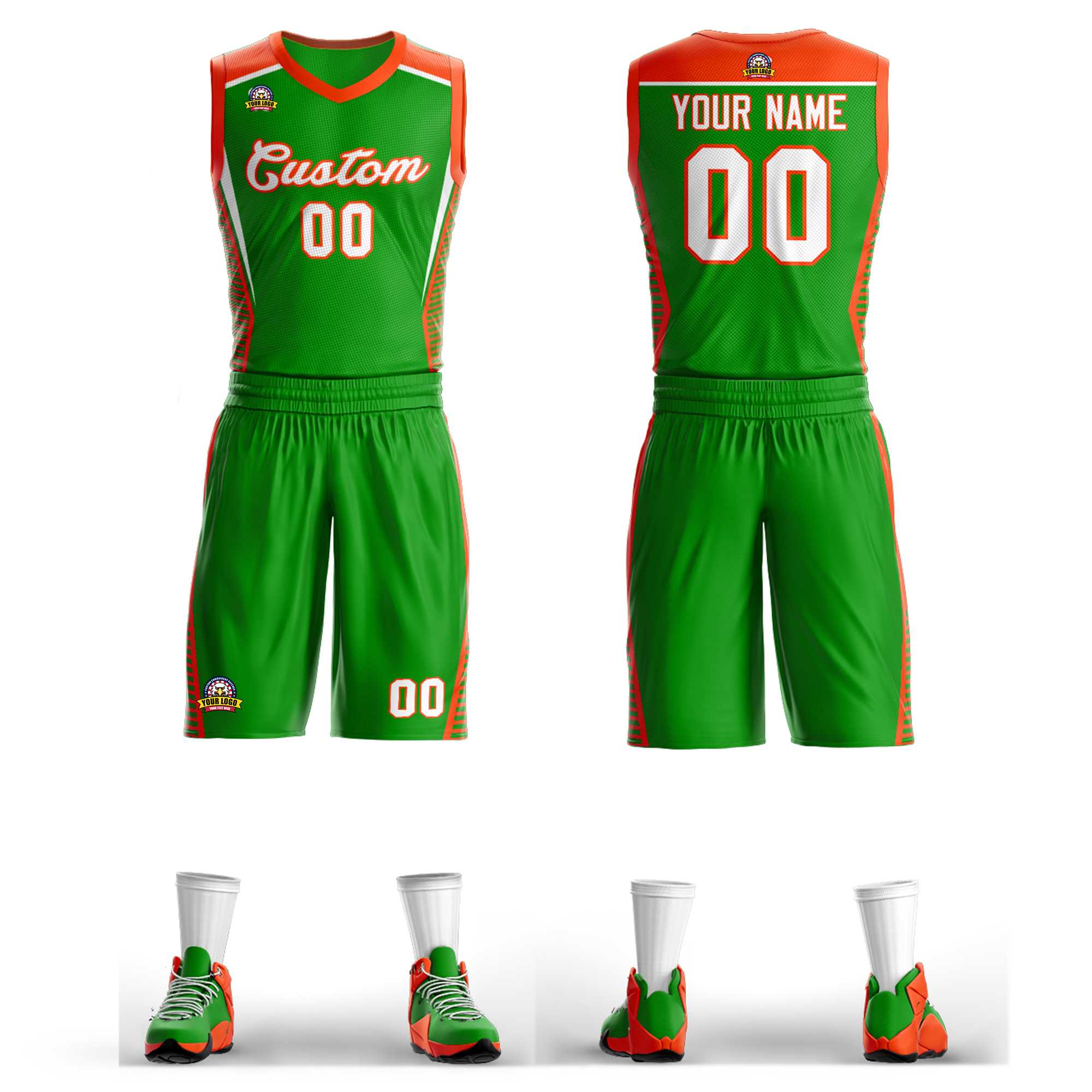 Benutzerdefinierte grün grün-orange Classic Kits Mesh Basketball Jersey